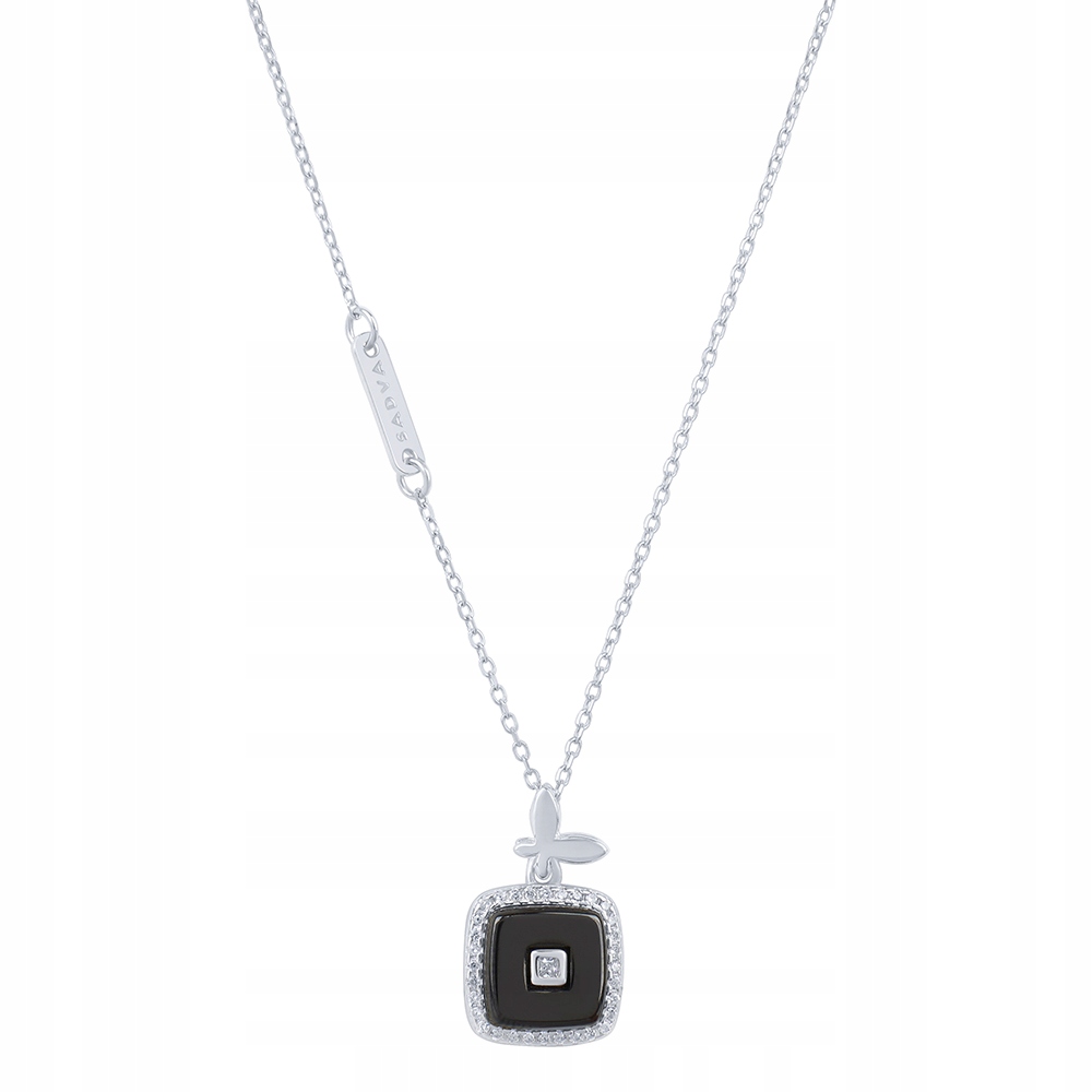 Naszyjnik Srebrny Kwadrat z Czarną Ceramiką Łańcuszek Srebro 925 Sadva