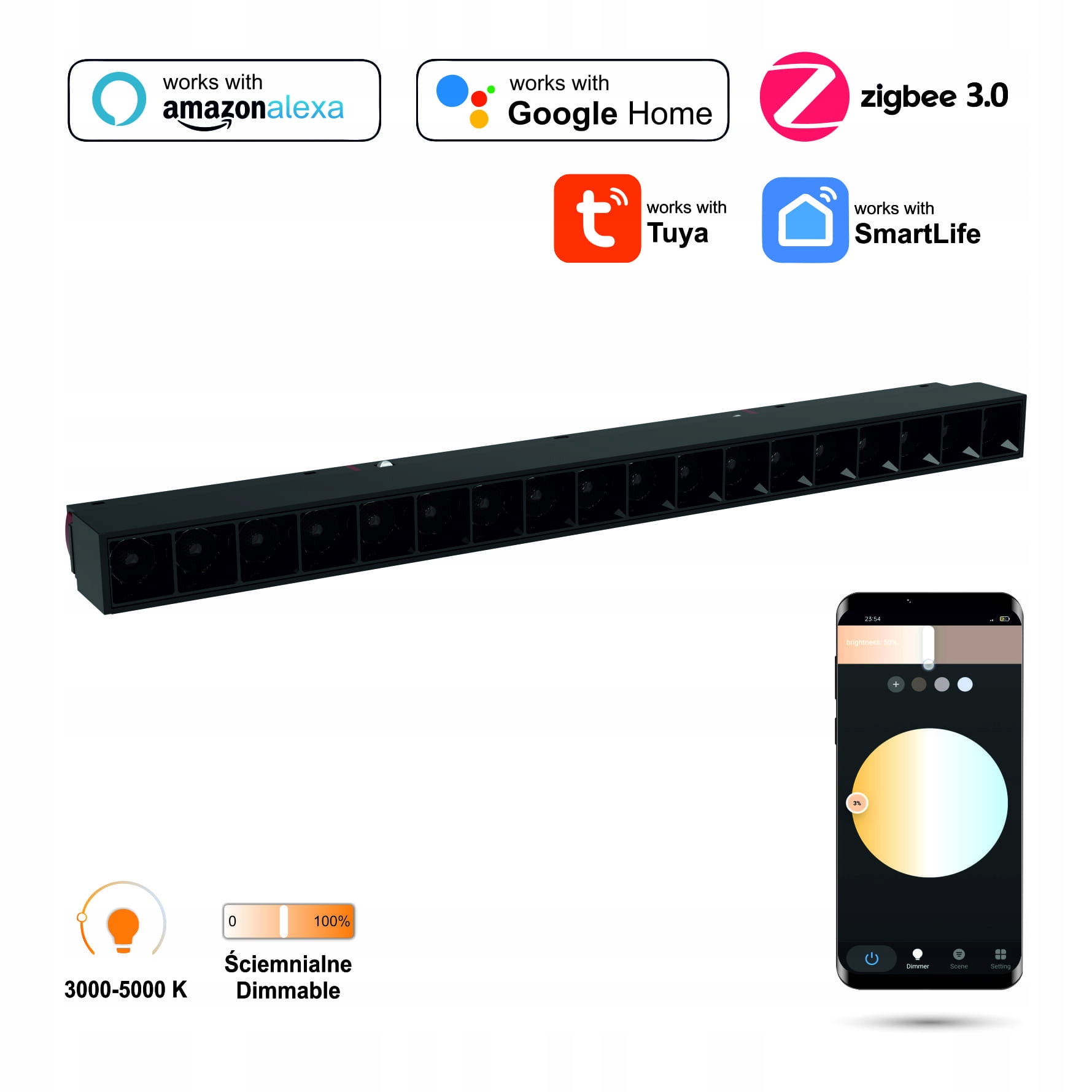 Lineárny Led reflektor WiFi Zigbee Gril 18W pre koľajnice Smart Track 48VDC