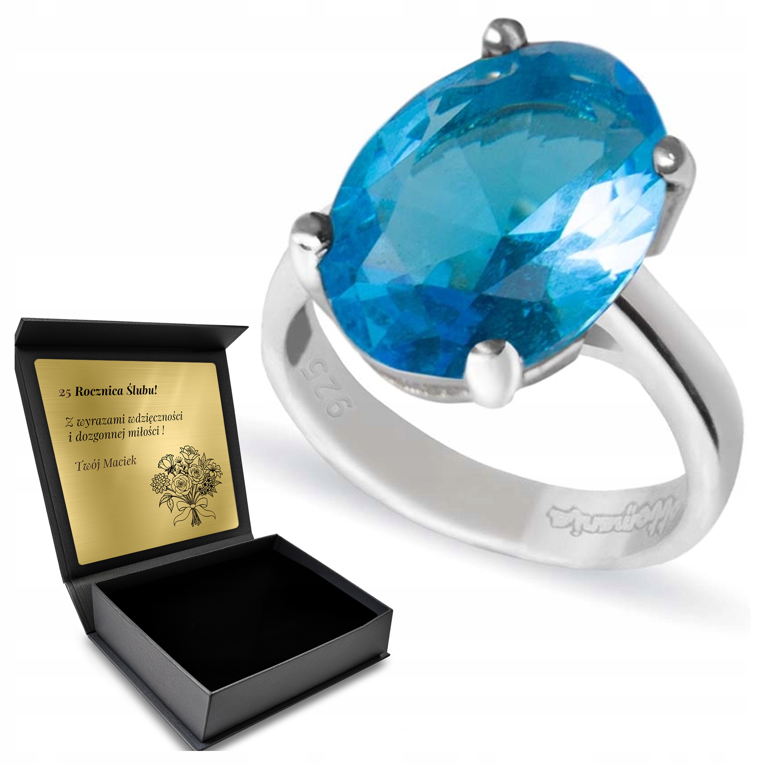 Prstýnek 925 S Modrým Topazem Dárek Den žen Gravírování