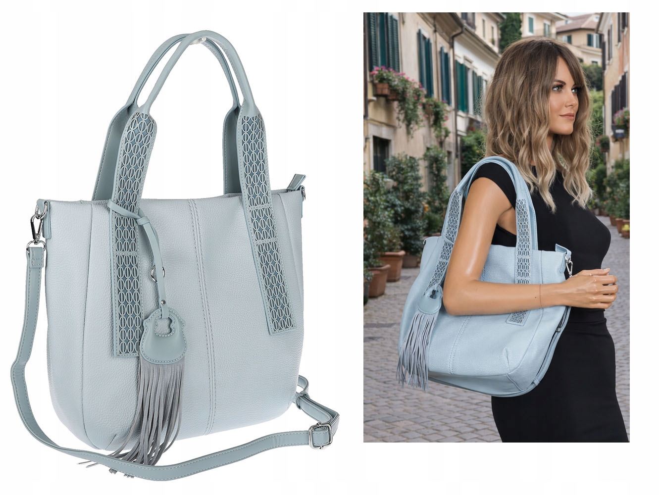 Torebka damska shopper worek pojemna boho na ramię frędzle MC669 Niebieska