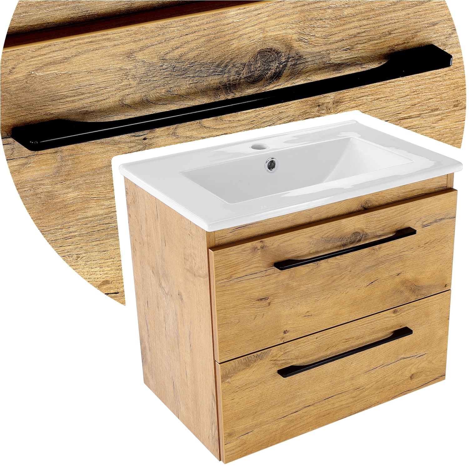 

Szafka łazienkowa z umywalką dąb czarne uchwyty