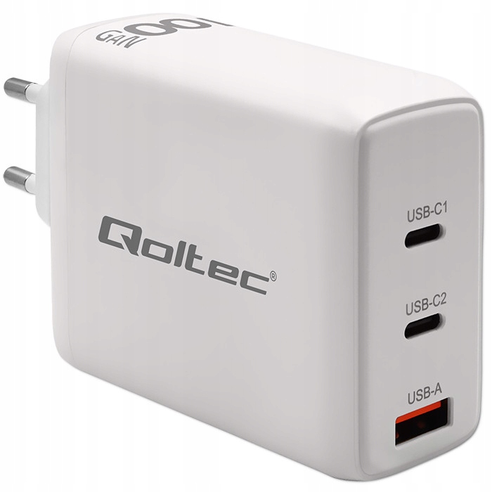 Qoltec Nabíječka 100W GaN, 2x Usb-c Pd, 1x Usb Qc 3.0, bílá