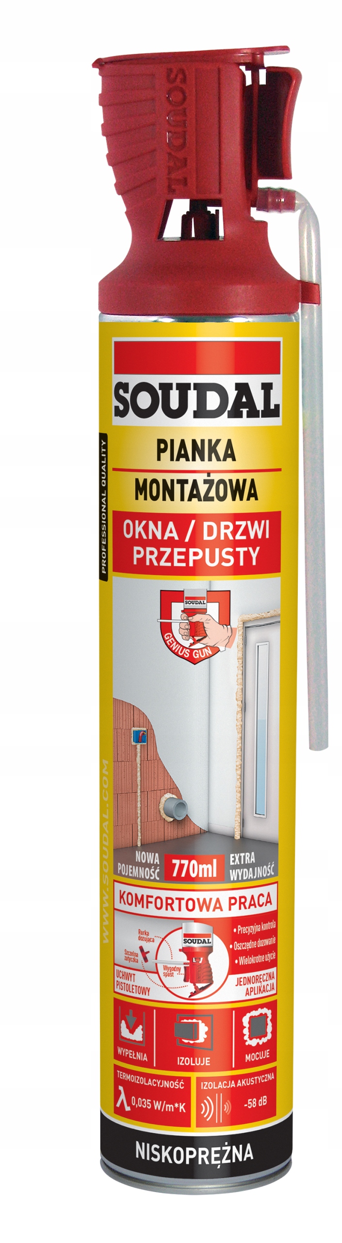 SOUDAL GENIUS GUN PIANKA PIANA Z APLIKATOREM MONTAŻOWA NISKOPRĘŻNA 770ml