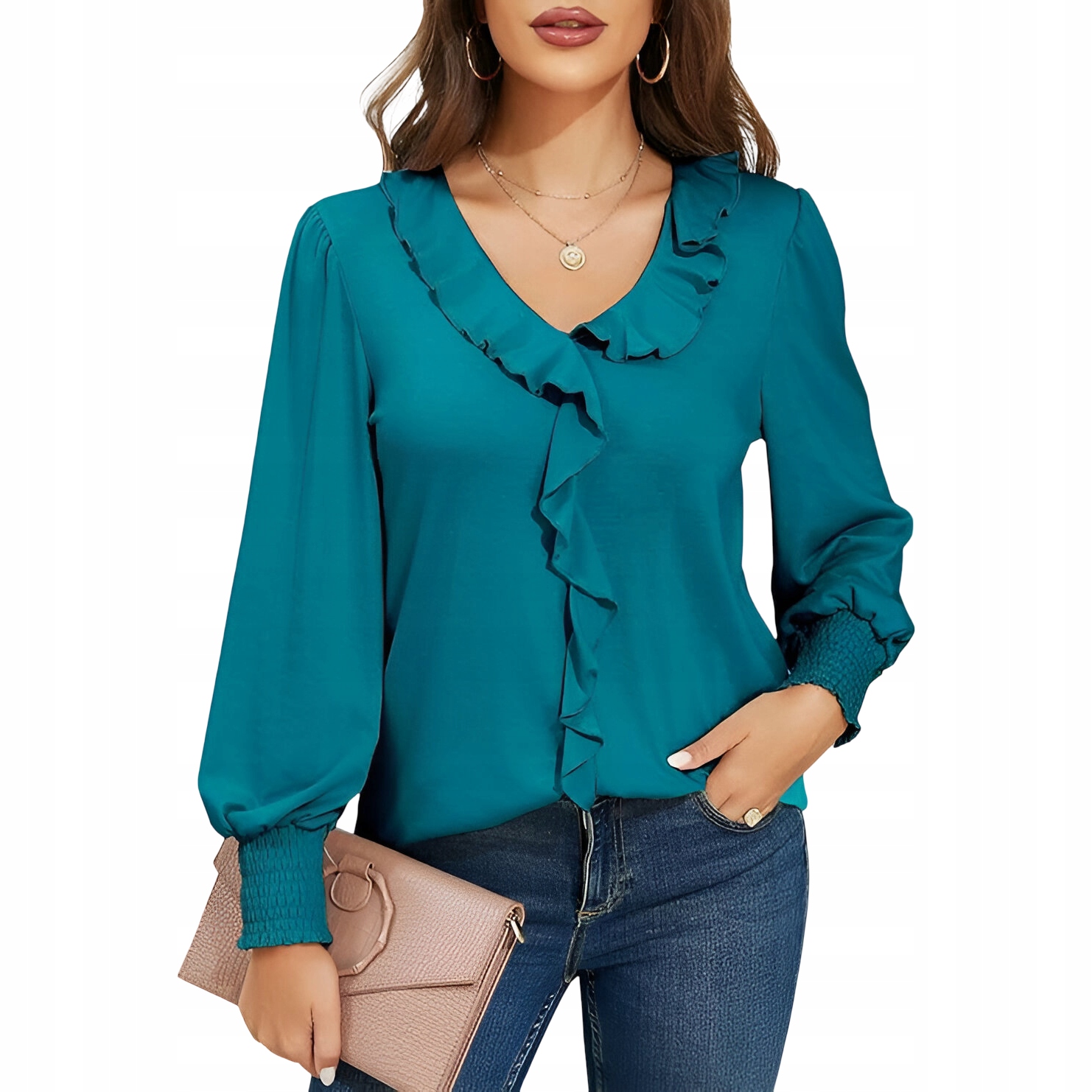 Dámská halenka Dekolt V Bufiaste Rukávy Elegantní Vintage Tyrkysová M