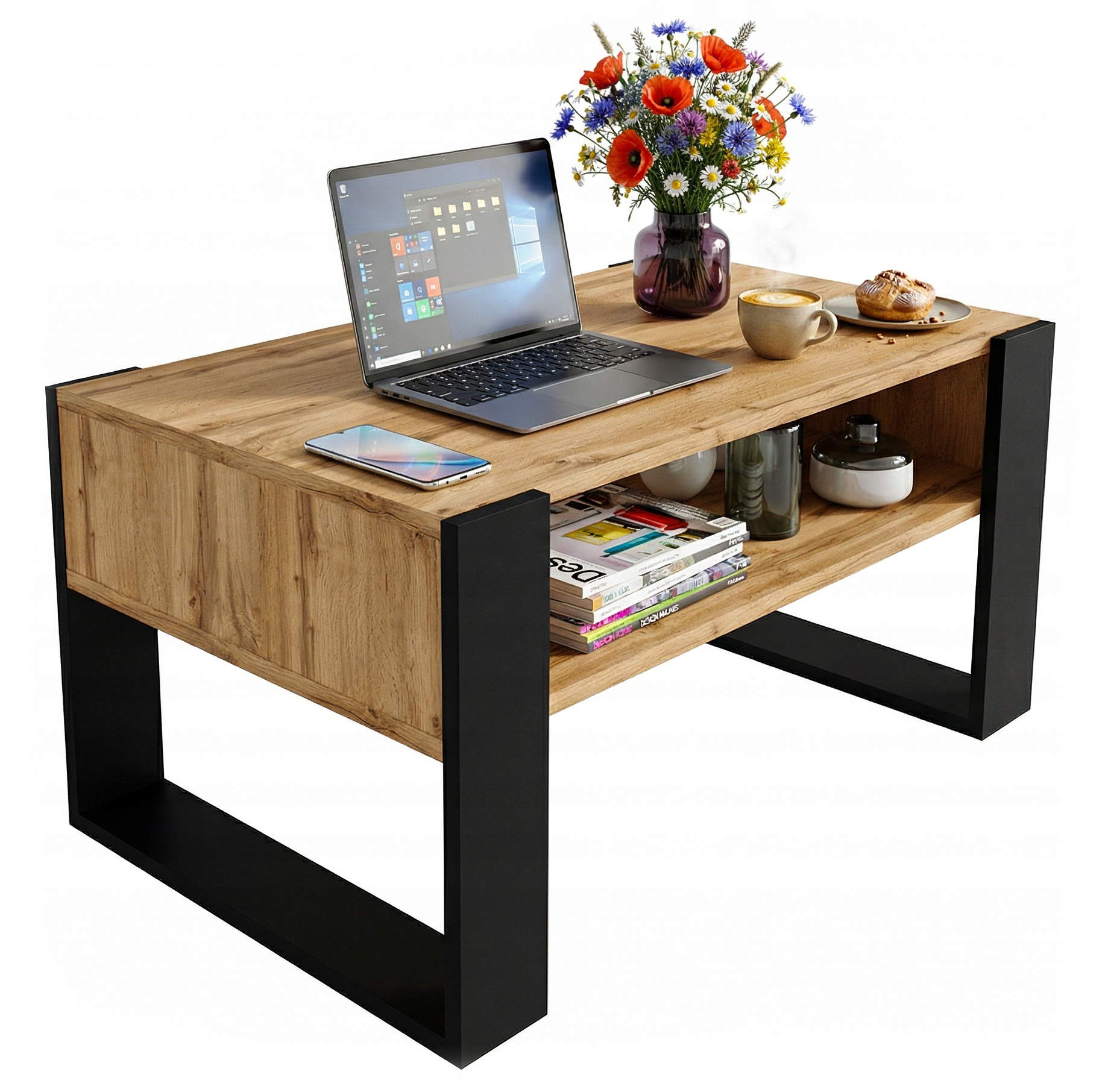 Konferenční stolek Karo 92 cm s policí Dub Wotan/Černý loft 92x53,6x45