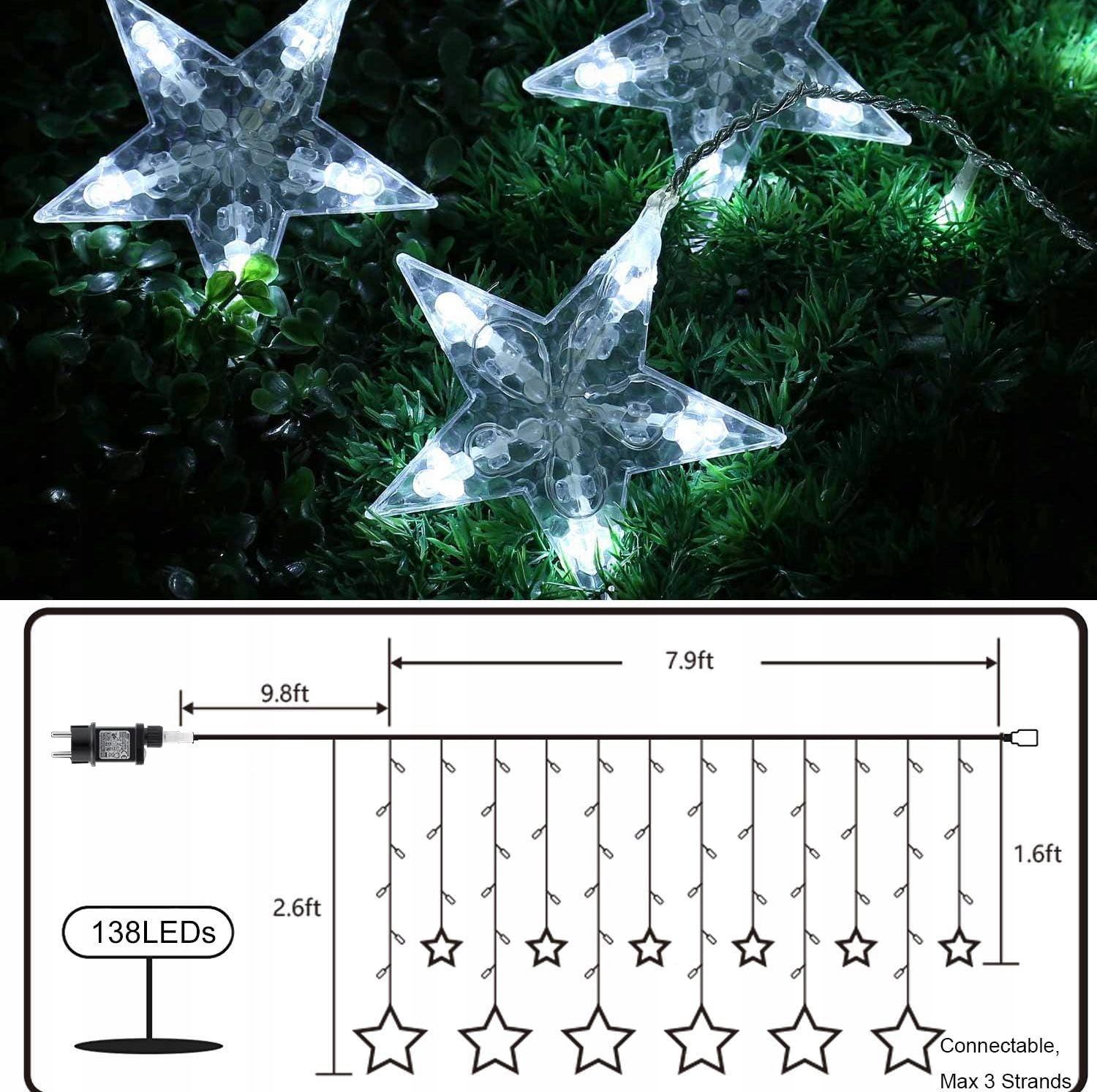 ISHABAO Lampki Gwiazdki Zaśłona Kurtyna Świąteczna Dekoracja 138 LED — miniatura 6