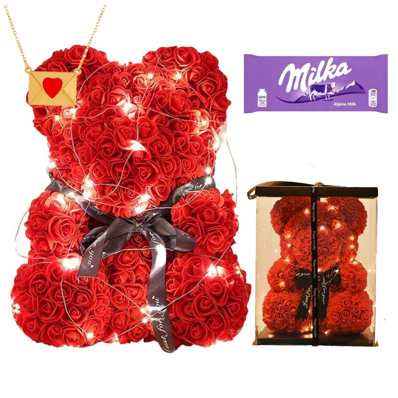 

Miś Z Róż 25 CM Walentynki Lampki Gift naszyjnik