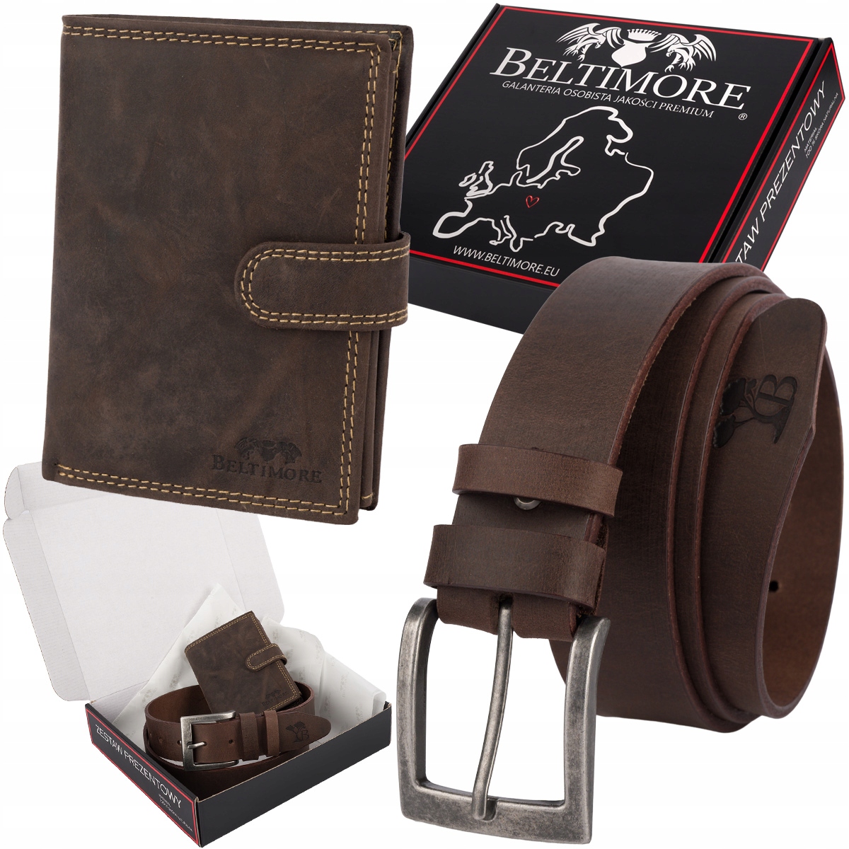 Zestaw prezentowy męski skórzany pasek portfel pudełko premium Beltimore