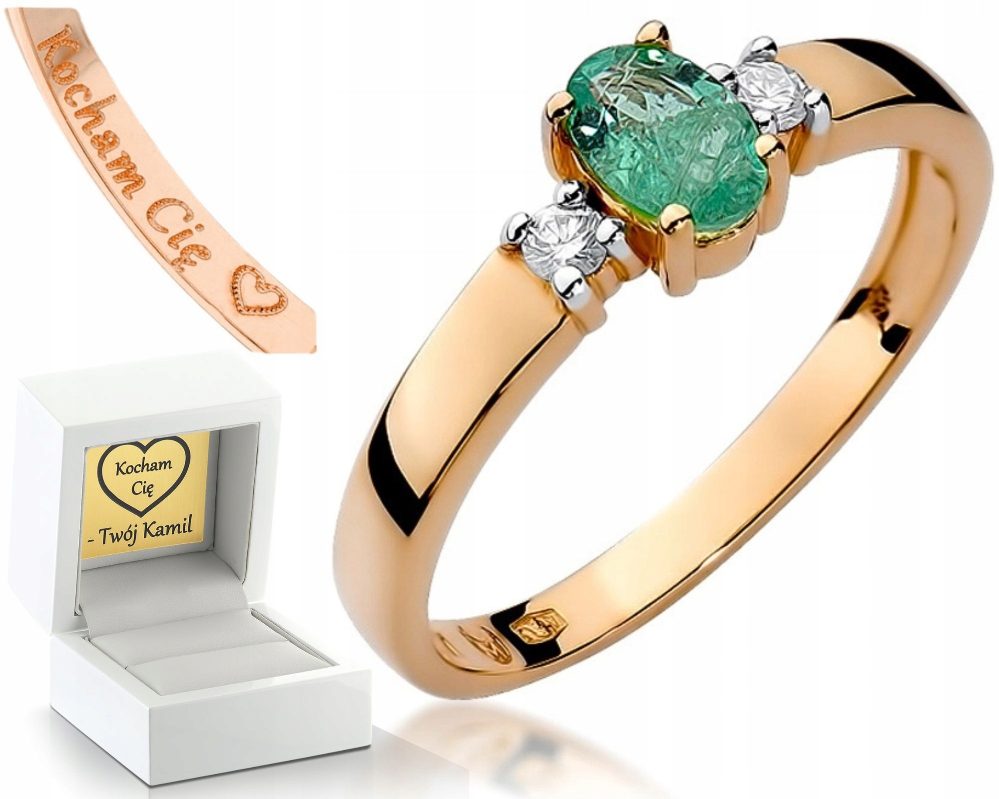 Růžové Zlato Prstýnek Smaragd Brilianty Gravírování