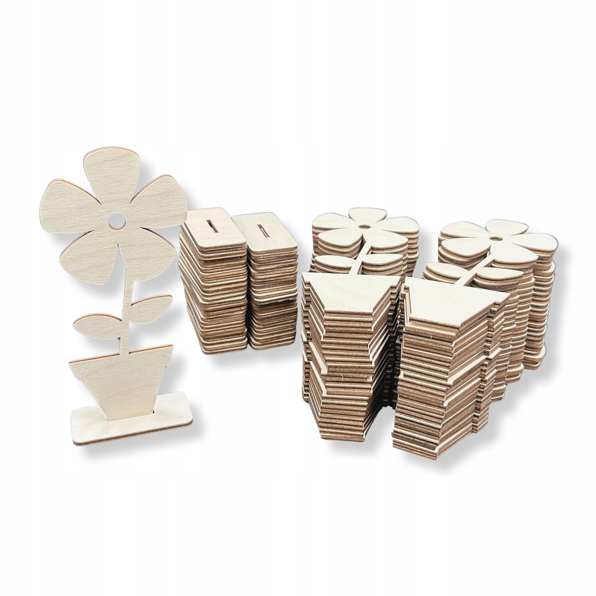 Dřevěná květina v květináči 27 cm, sada 50 ks z překližky