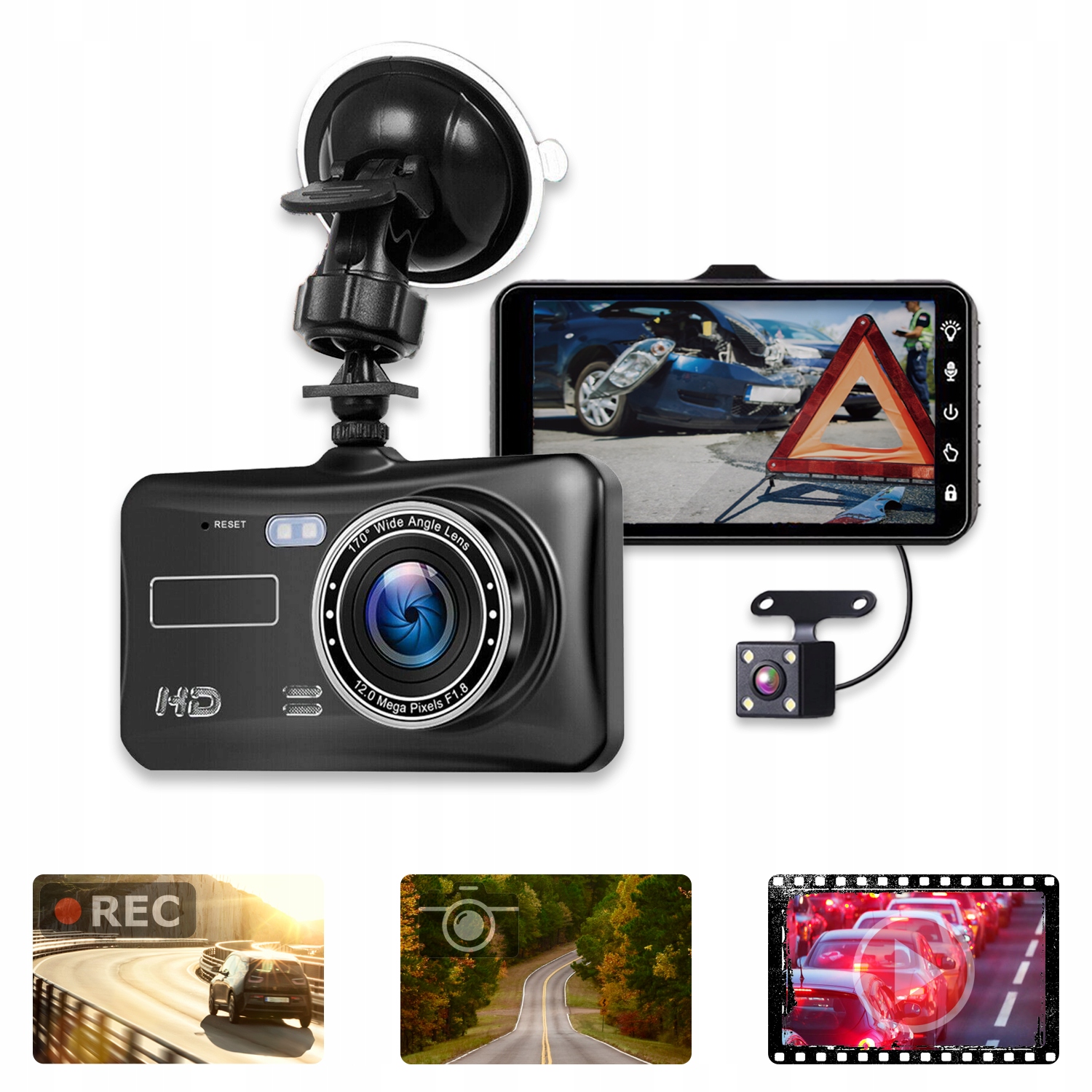 WIDEOREJESTRATOR JAZDY DOTYKOWY PRZÓD TYŁ + KAMERA COFANIA