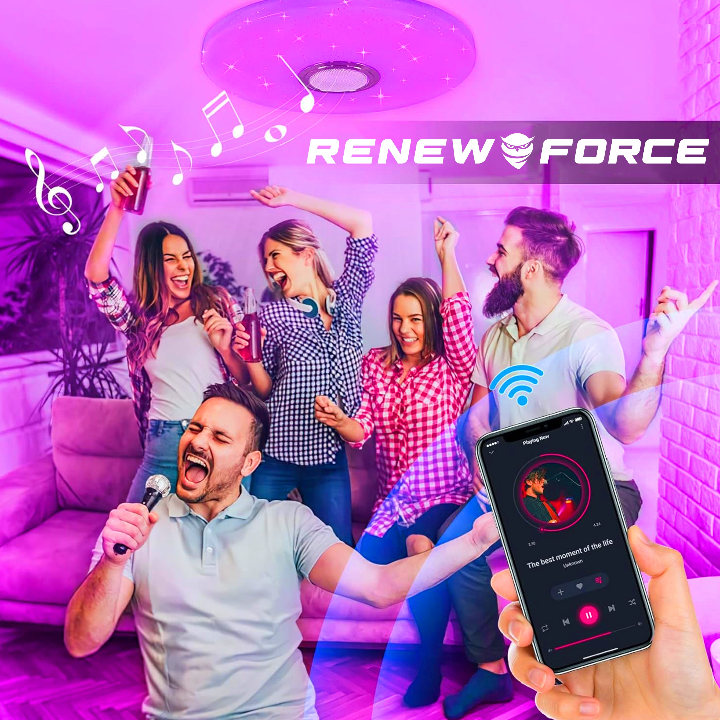 PLAFON LED LAMPA RGB SUFITOWA GŁOŚNIK BLUETOOTH PILOT APLIKACJA BARW CCT Marka Renew Force