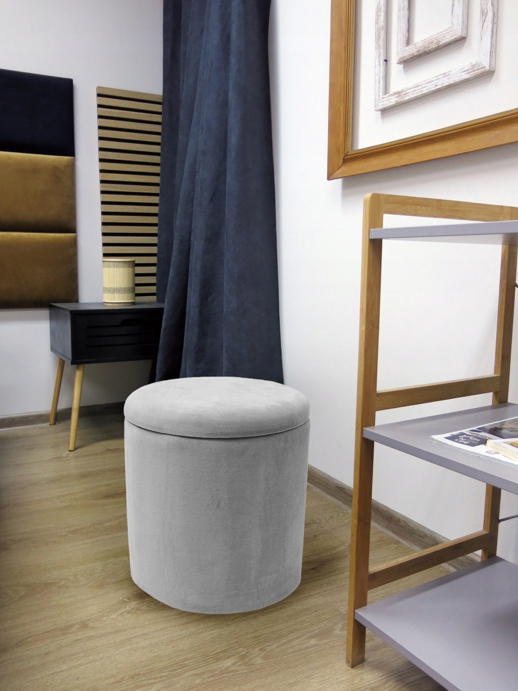 PUFA OKRĄGŁA SKRZYNIA OTWIERANA SCHOWEK Morski Głębokość mebla 36 cm