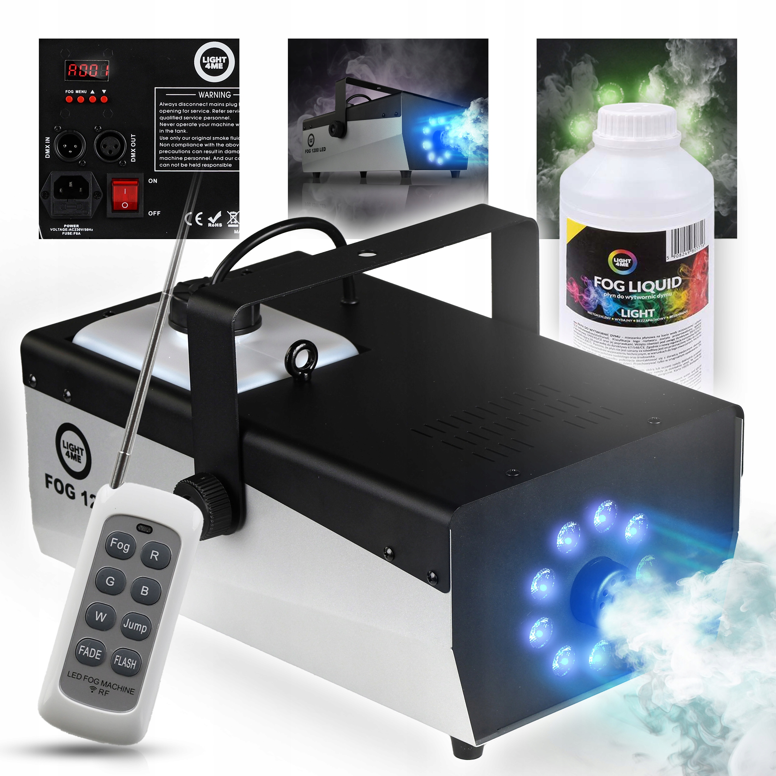 Výrobník Kouře, Kouřová Mlha, 9 Led Diod Rgbw LIGHT4ME Fog 1200W Dálkové Ovládání Kapalina