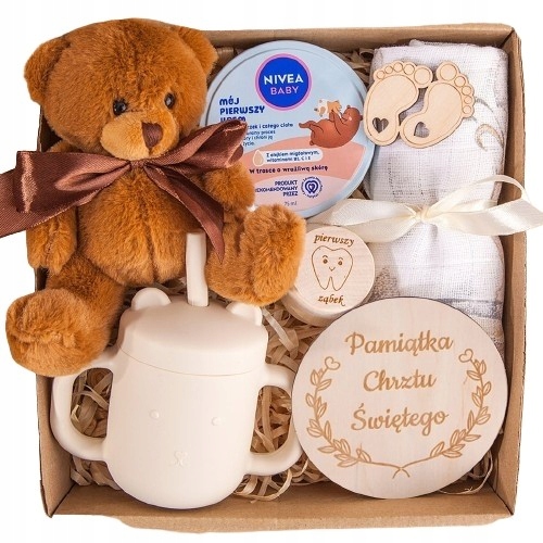 na Chrzest Pamiątka dla dziecka maskotka kubeczek silikonowy kremik