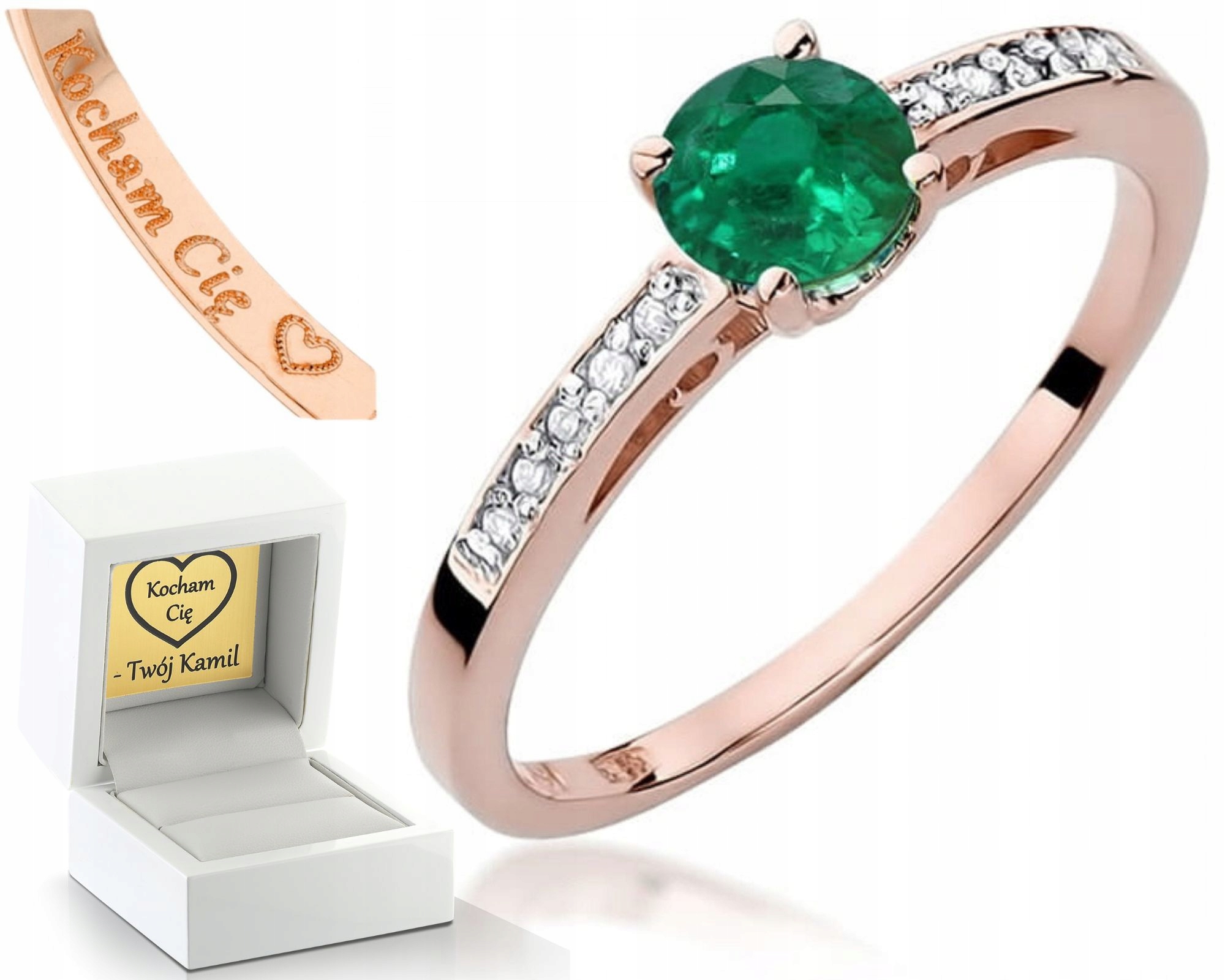 Zásnubní Prstýnek Z Růžového Zlata Smaragd Gravírování 585, Dárek