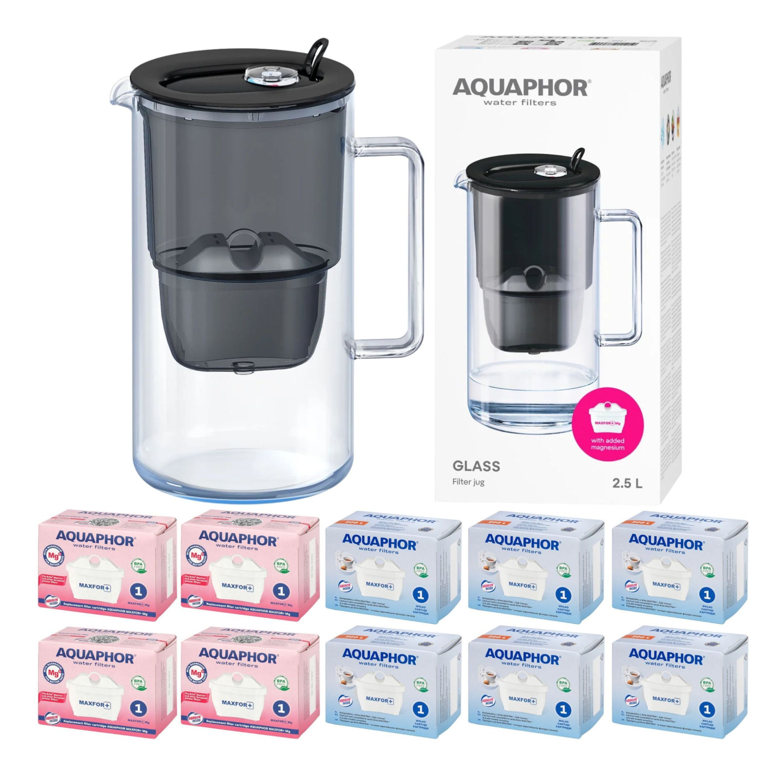 Filtrační Konvice Skleněný Aquaphor Glass Černý 10 Filtrů Maxfor (4Mg+6)