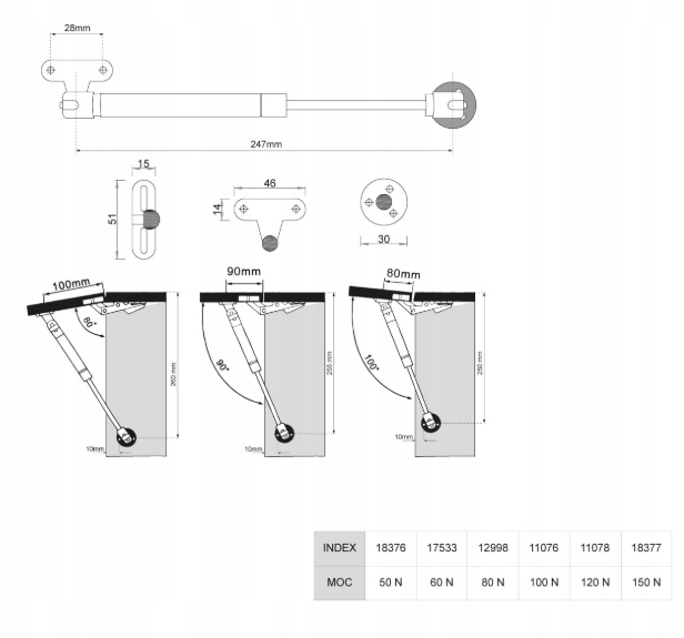 ZAWIAS PODNOŚNIK GAZOWY ATM 60N SIŁOWNIK MEBLOWY Długość 24.7 cm