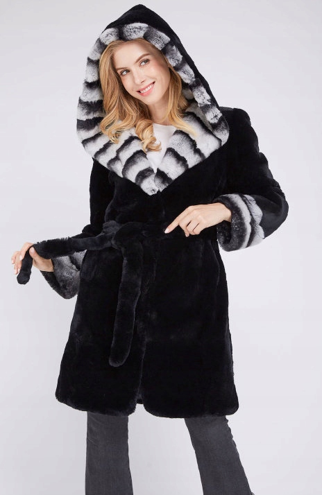 Płaszcz Futro naturalne Królik Rex Chinchilla 46 Kaptur z kapturem