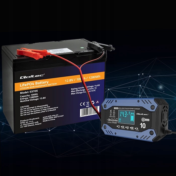 Ładowarka Prostownik 12-24V 10A do akumulatorów LIFEPO4 z funkcją naprawy Marka Qoltec