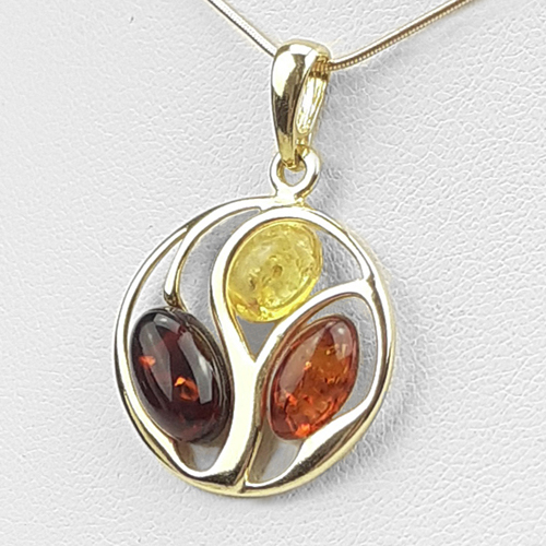Zlatý Přívěsek s barevným baltským Jantarem, pozlacené stříbro 925 Jako Dárek