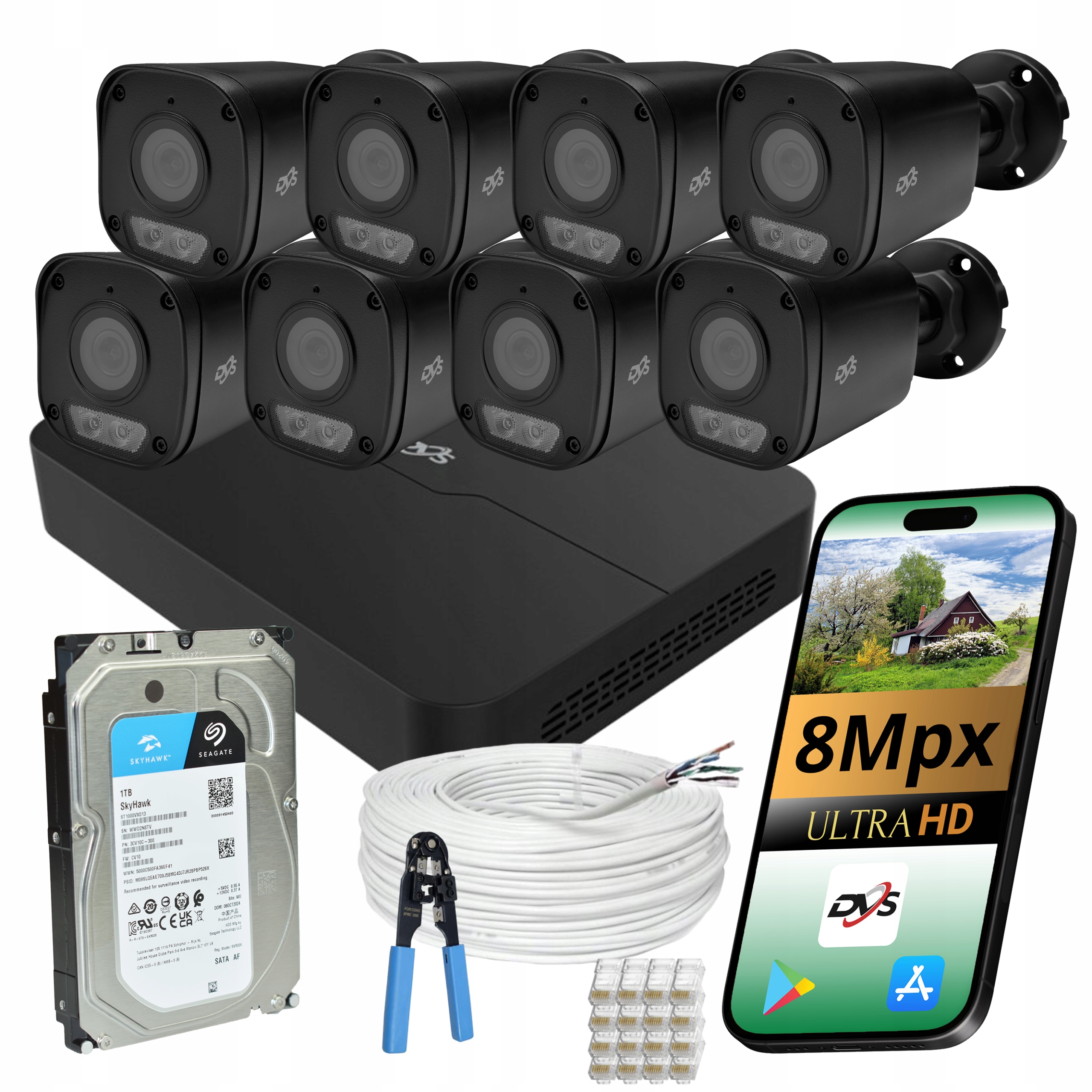 Kompletní Monitorování Ip PoE 8 Tubových Kamer 8MPX Černý Diskový Rekordér