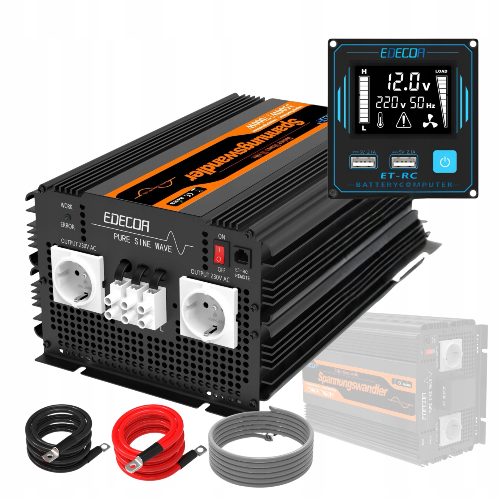 Menič napätia Edecoa 3500 W Špička 7000 W 12 V Ac DC Čistý Usb sínus
