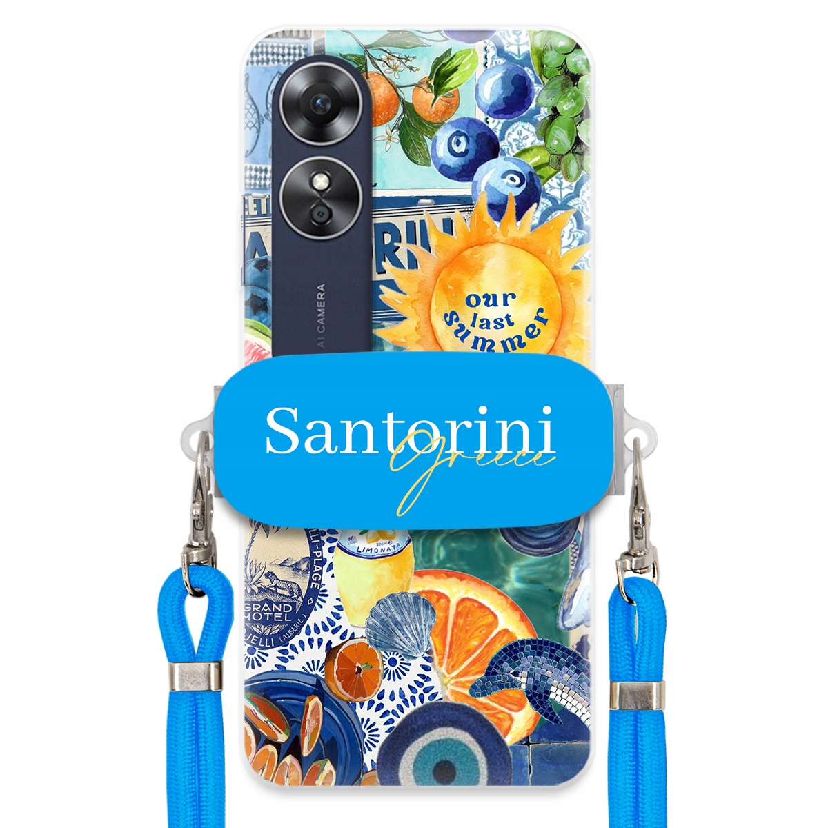 Puzdro pre Oppo A17 Modré Crossbody vodítko držiak Santorini Greece Sea