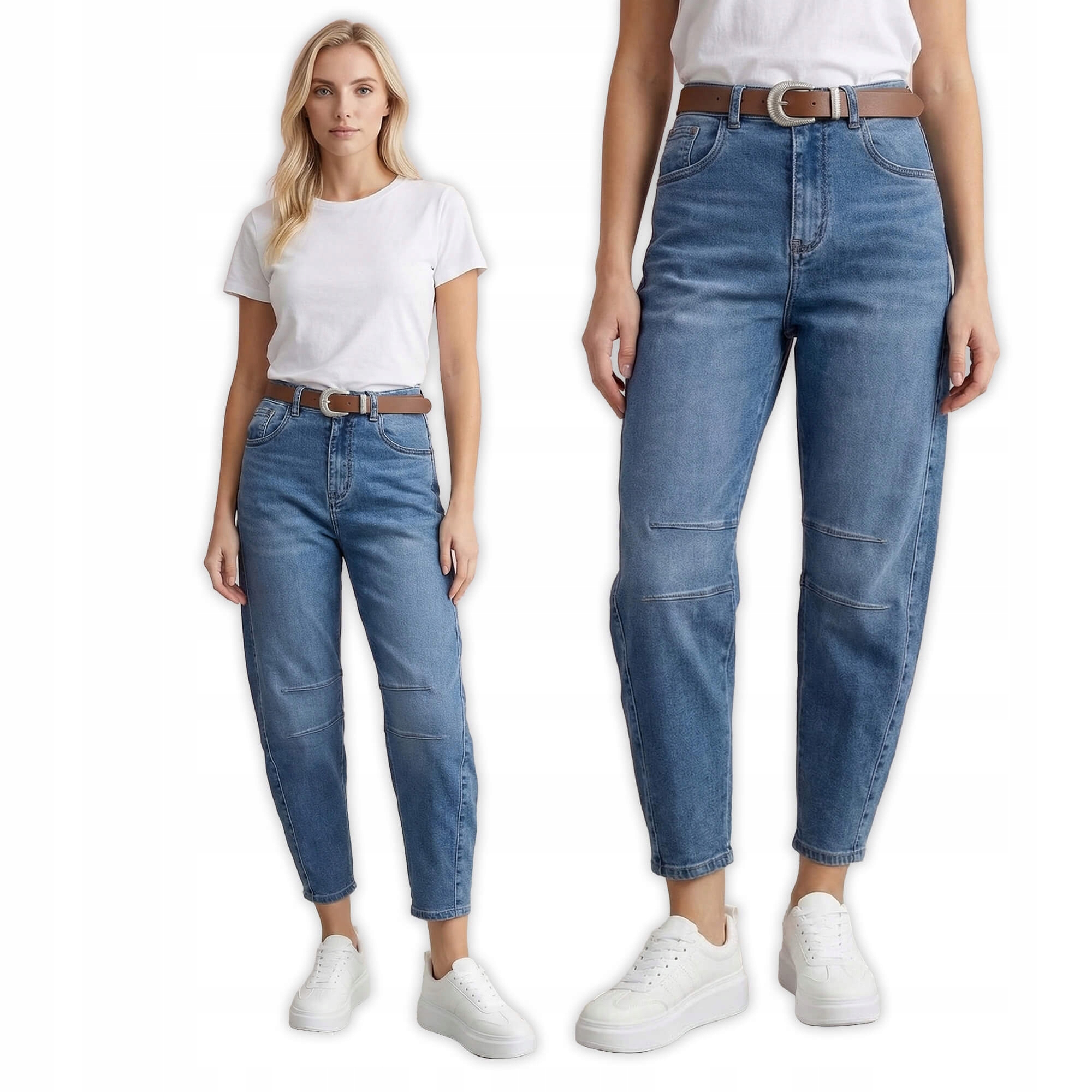 Spodnie jeans damskie M.Sara Balloon wysoki stan z paskiem Nebieskie Xs