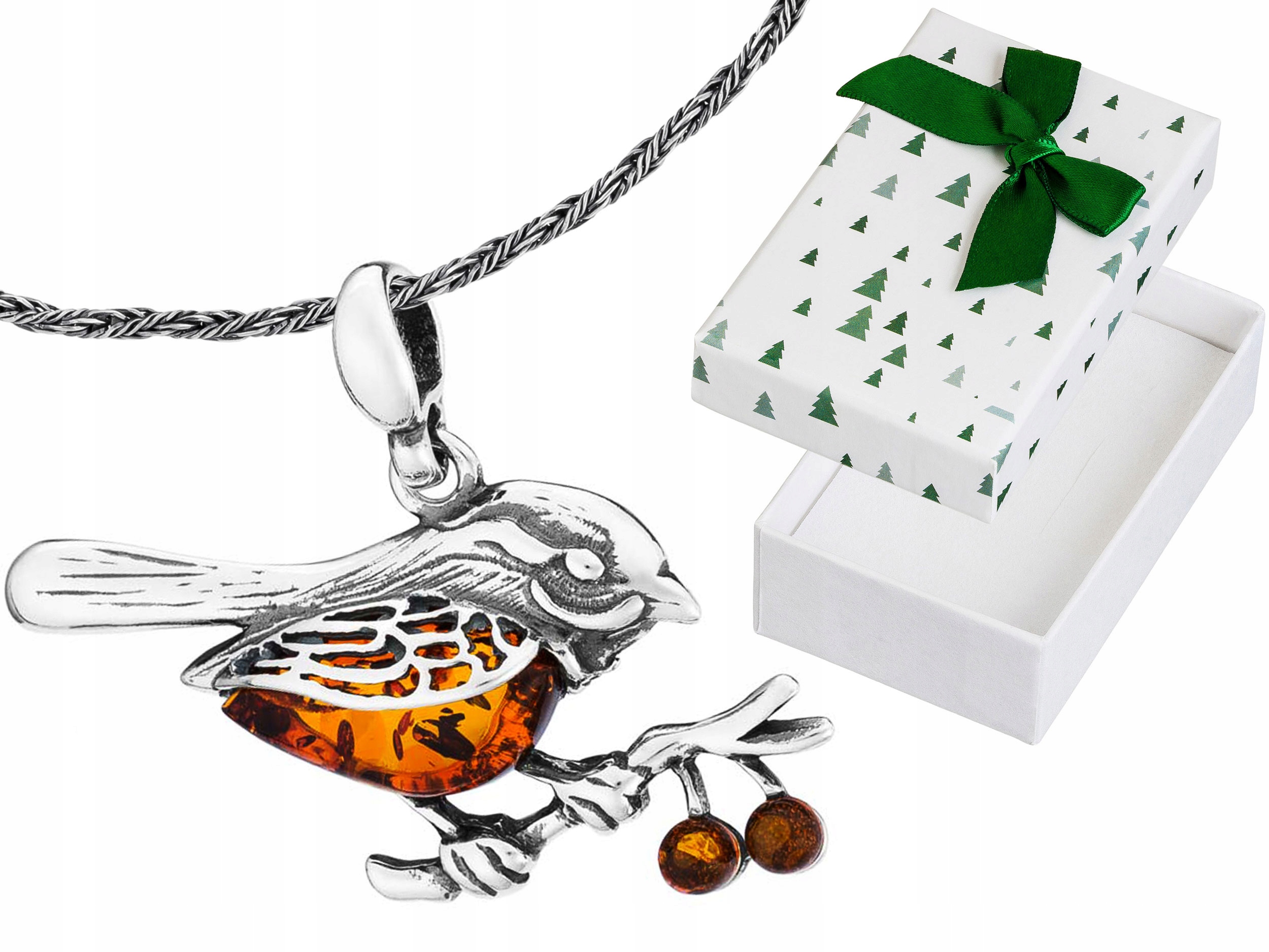 Krátký stříbrný dámský náhrdelník Pták Vrabec s jantarem Choker Stříbro 30 cm