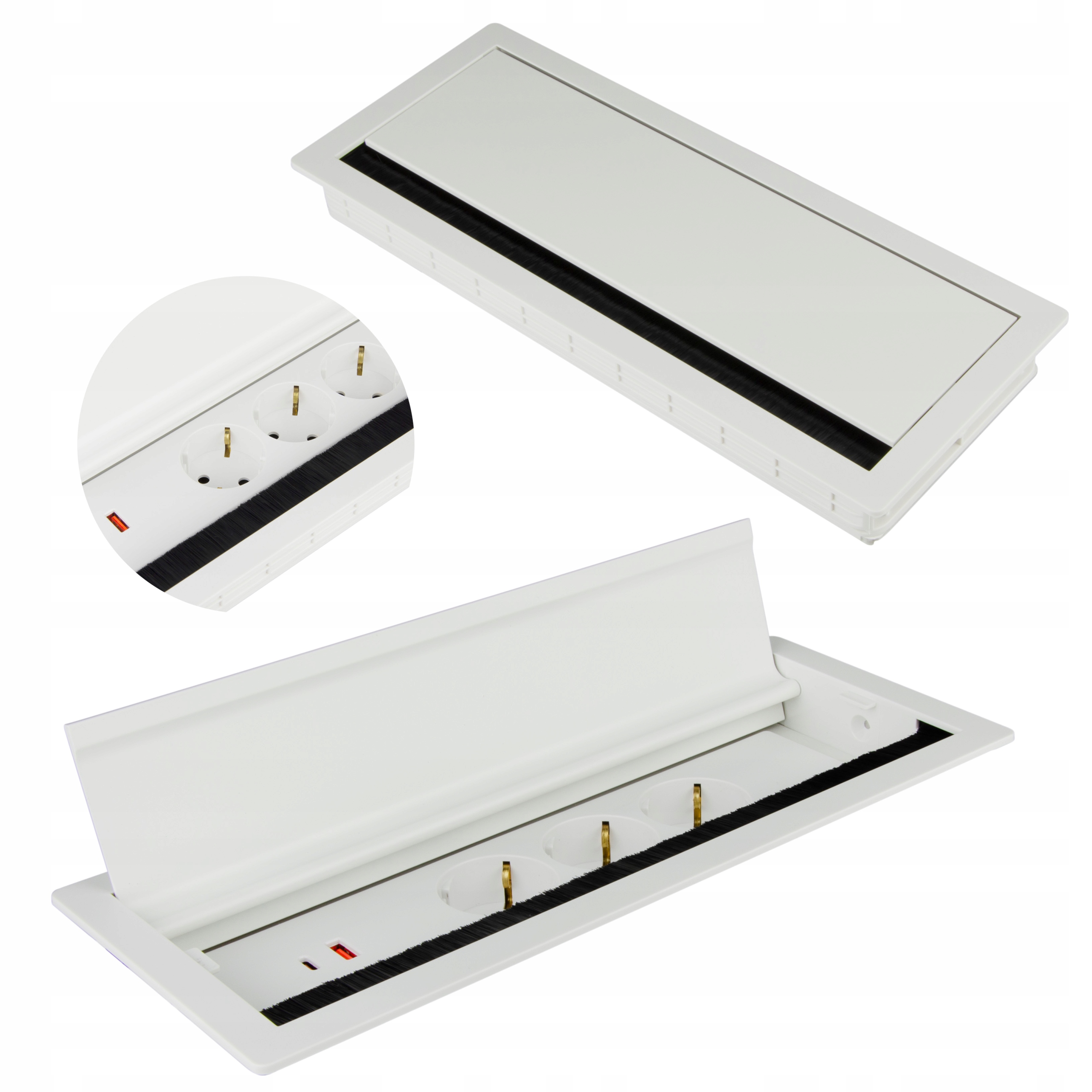 Nábytková Zásuvka Zapuštěná Do Desky Trojitá 230V Bílá 2x Usb S Kartáčem