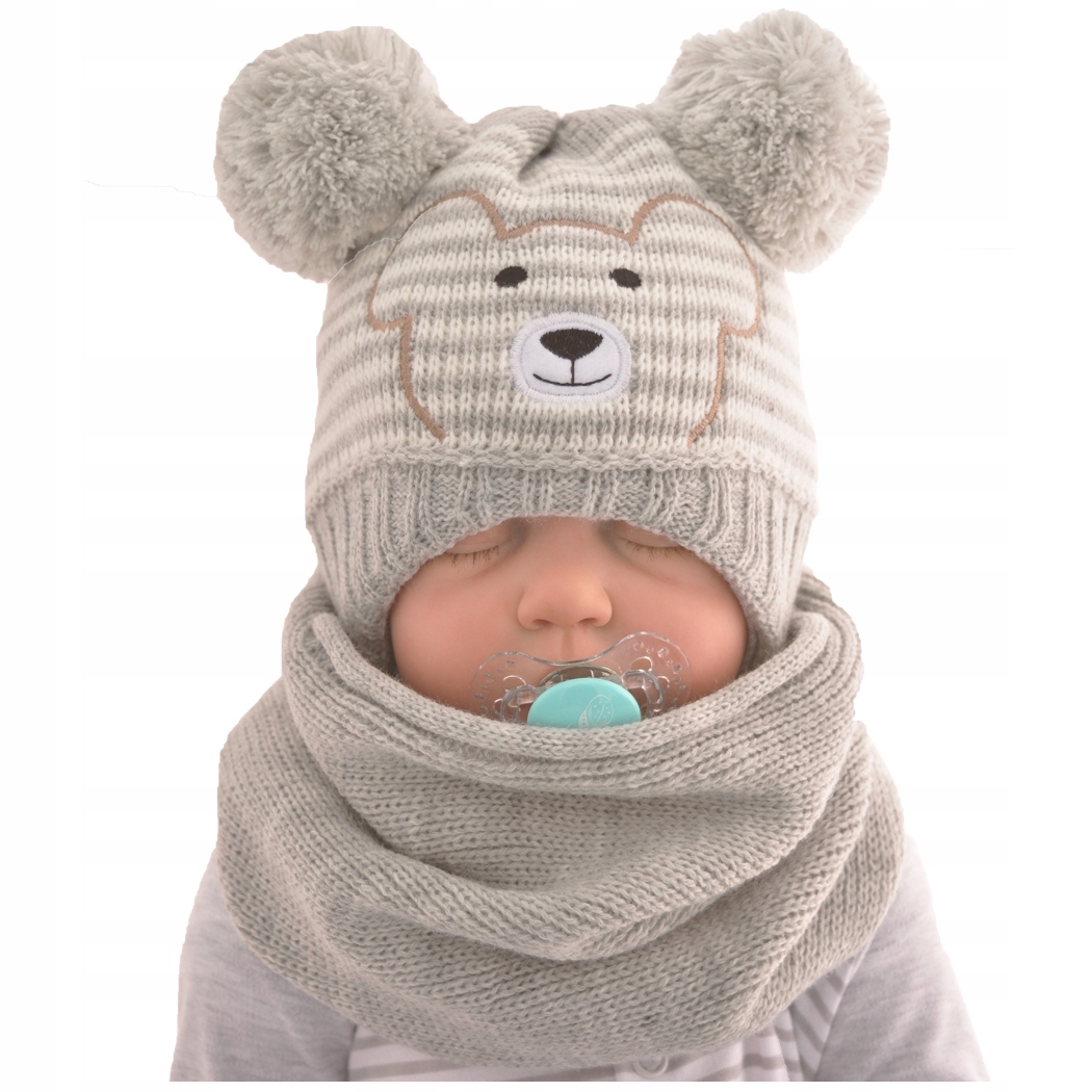 

Szary komplet zimowy czapka Miś komin r.42