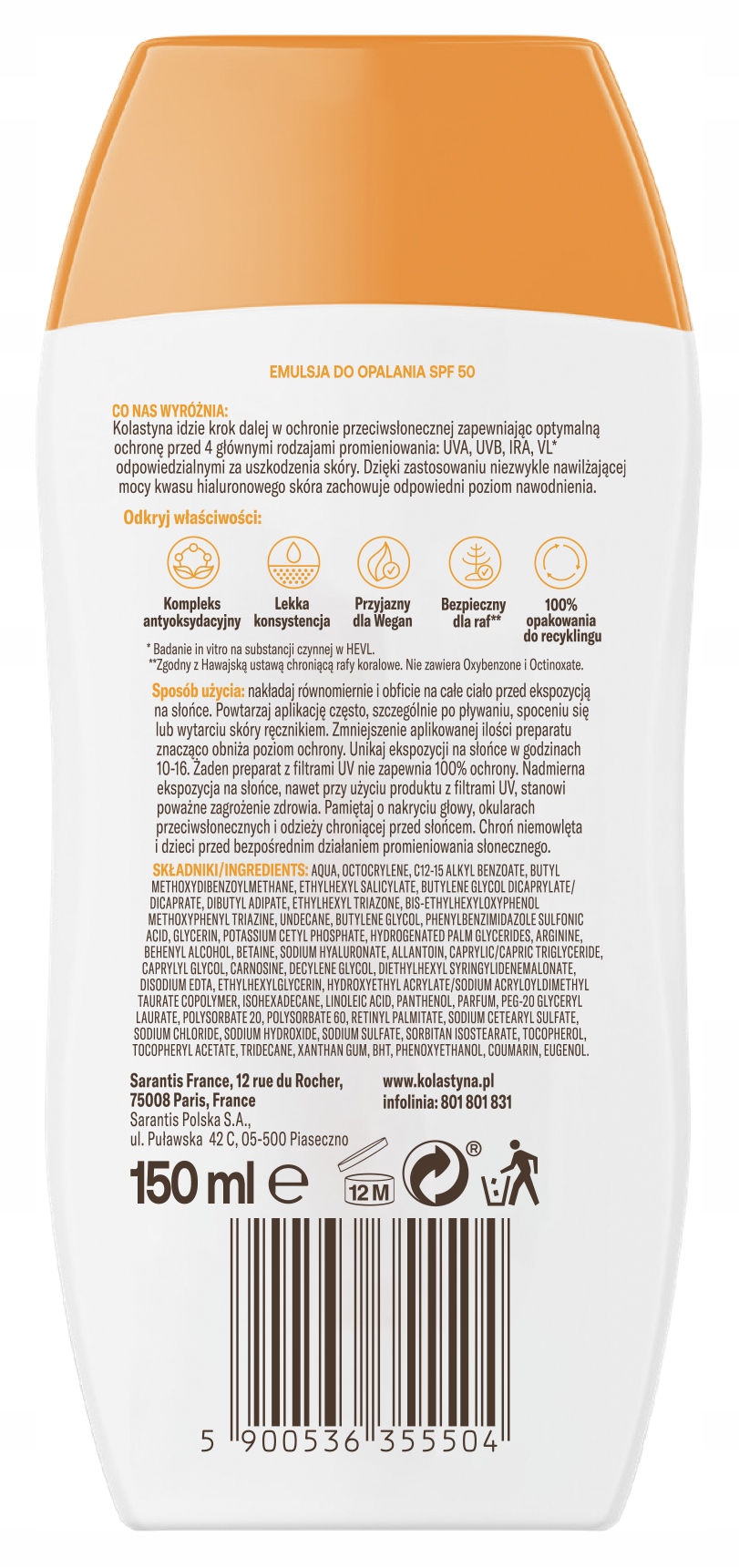 KOLASTYNA EMULSJA DO OPALANIA SPF50 150ML + KREM DO TWARZY SPF50 OCHRONA 4D Rodzaj emulsja