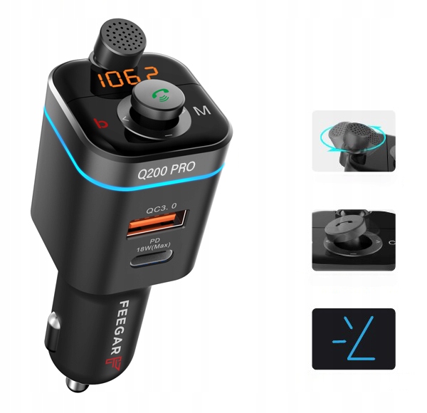 FEEGAR Transmiter FM bluetooth ładowarka QC 4.0 PD Waga produktu z opakowaniem jednostkowym 0.075 kg