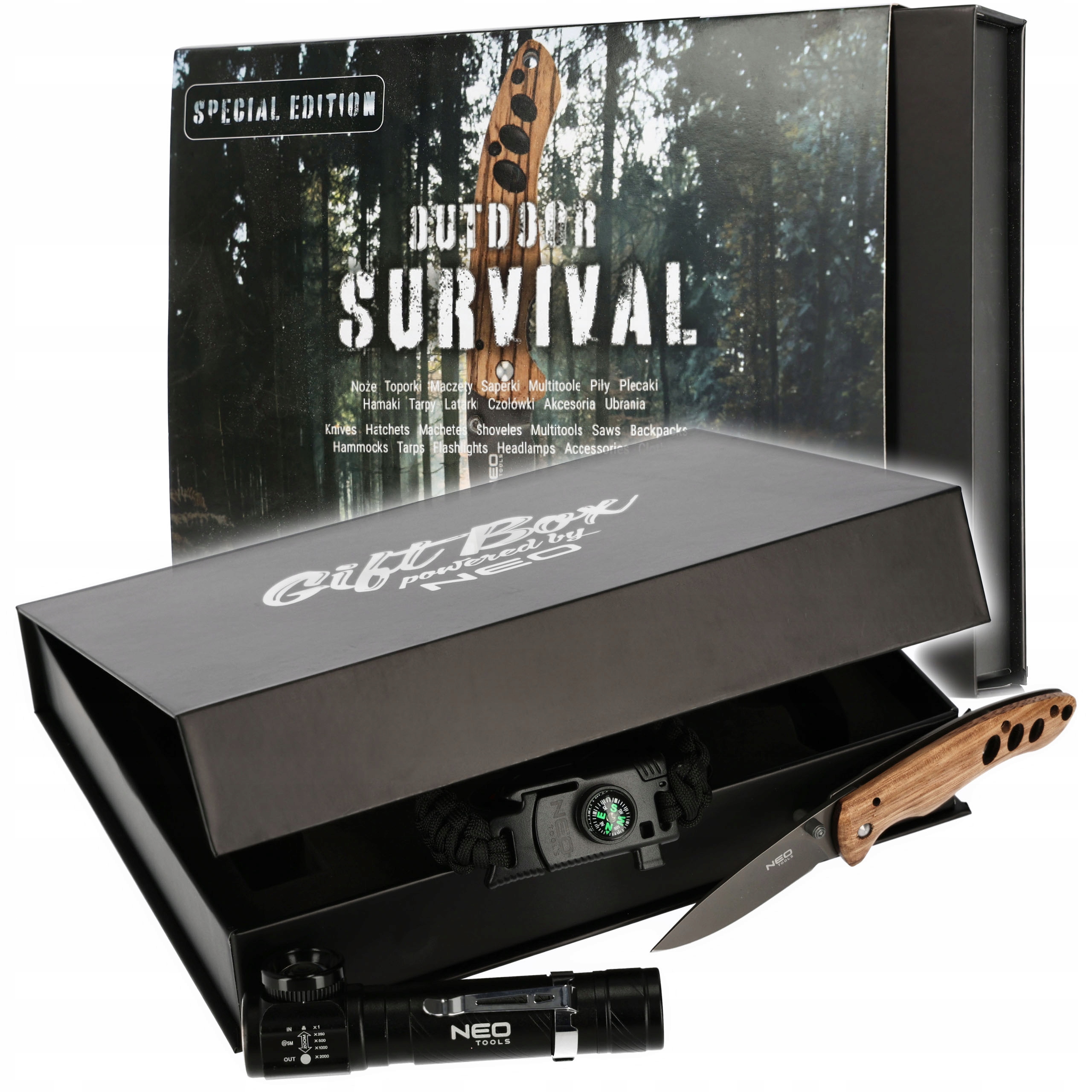 

Zestaw Prezentowy survival Nóż latarka opaska Neo