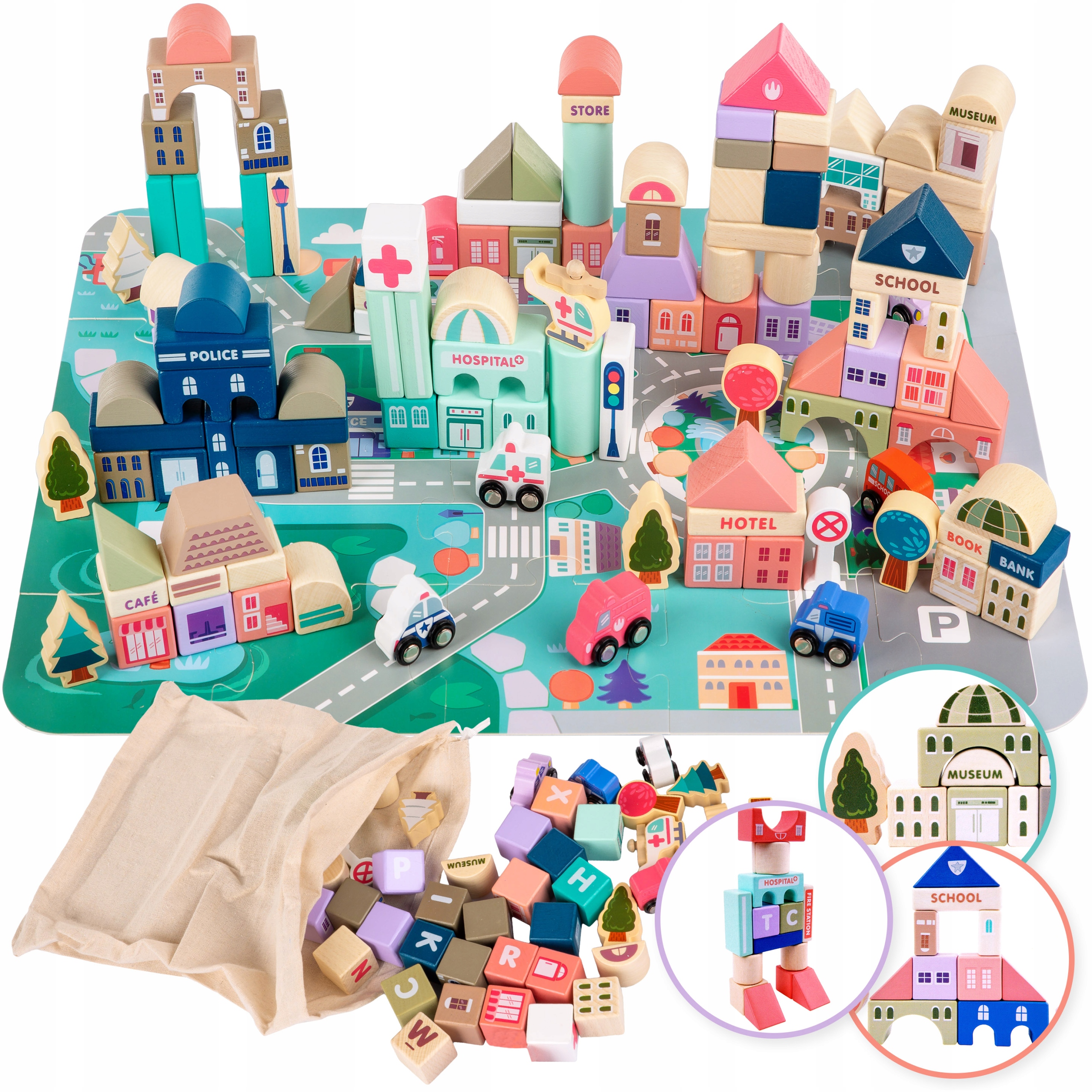 DREWNIANE KLOCKI ZESTAW DROGA MIASTO 115 ELEMENTÓW