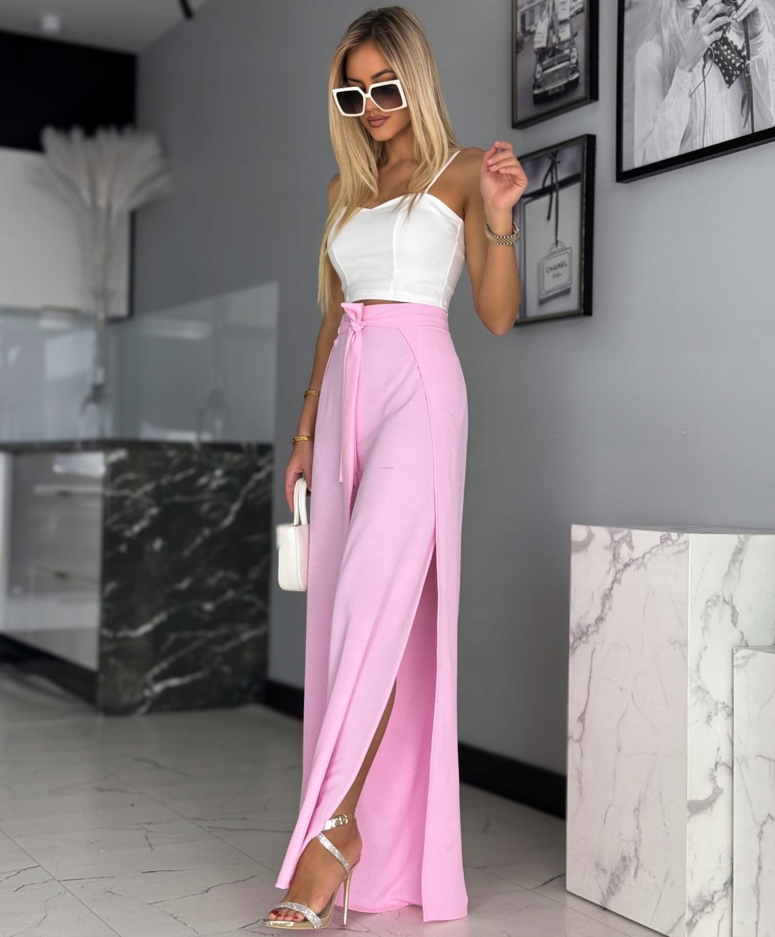 Dámské Kalhoty Marina S Rozparky 80% Bavlna Růžová M.