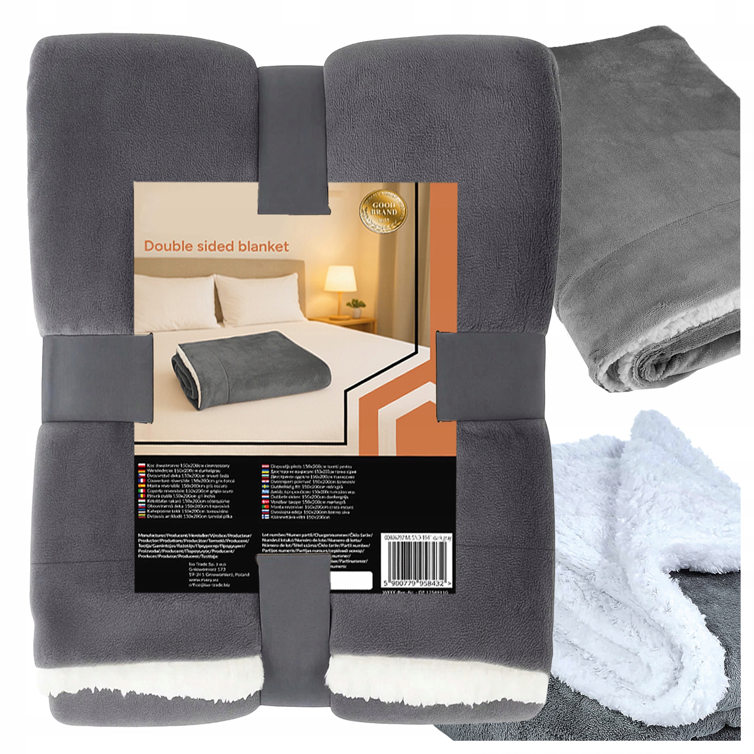 Oboustranná Deka 150x200 CM Šedá Přehoz Na Postel Měkký Beránek Velký Pléd