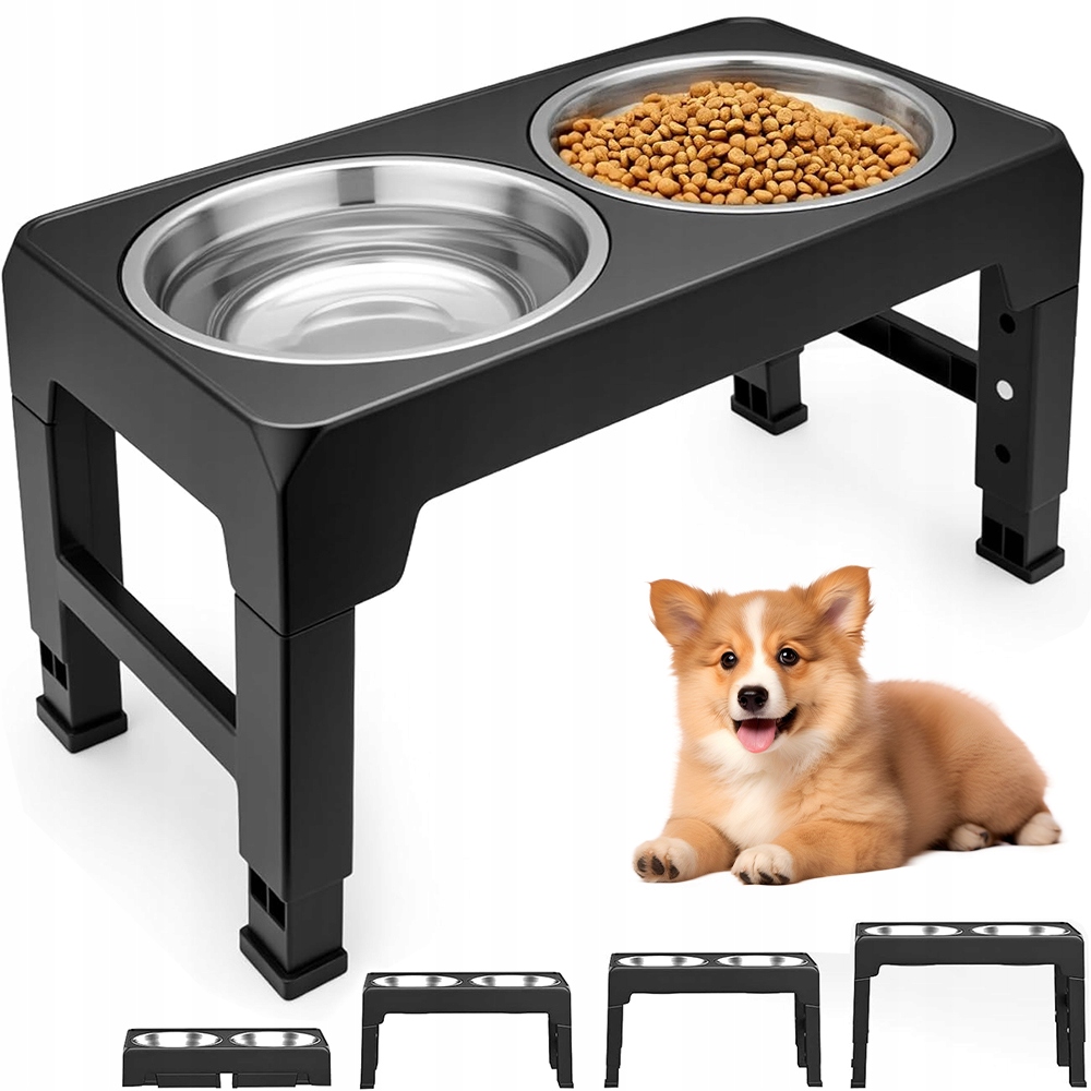 Levně Krmítko pro zvířata se 2 miskami Z Nerezové Oceli Nastavitelná výška