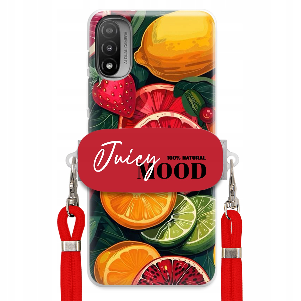 Puzdro pre Motorola E20 Červené Crossbody vodítko držiak Juice Mood Ovocie
