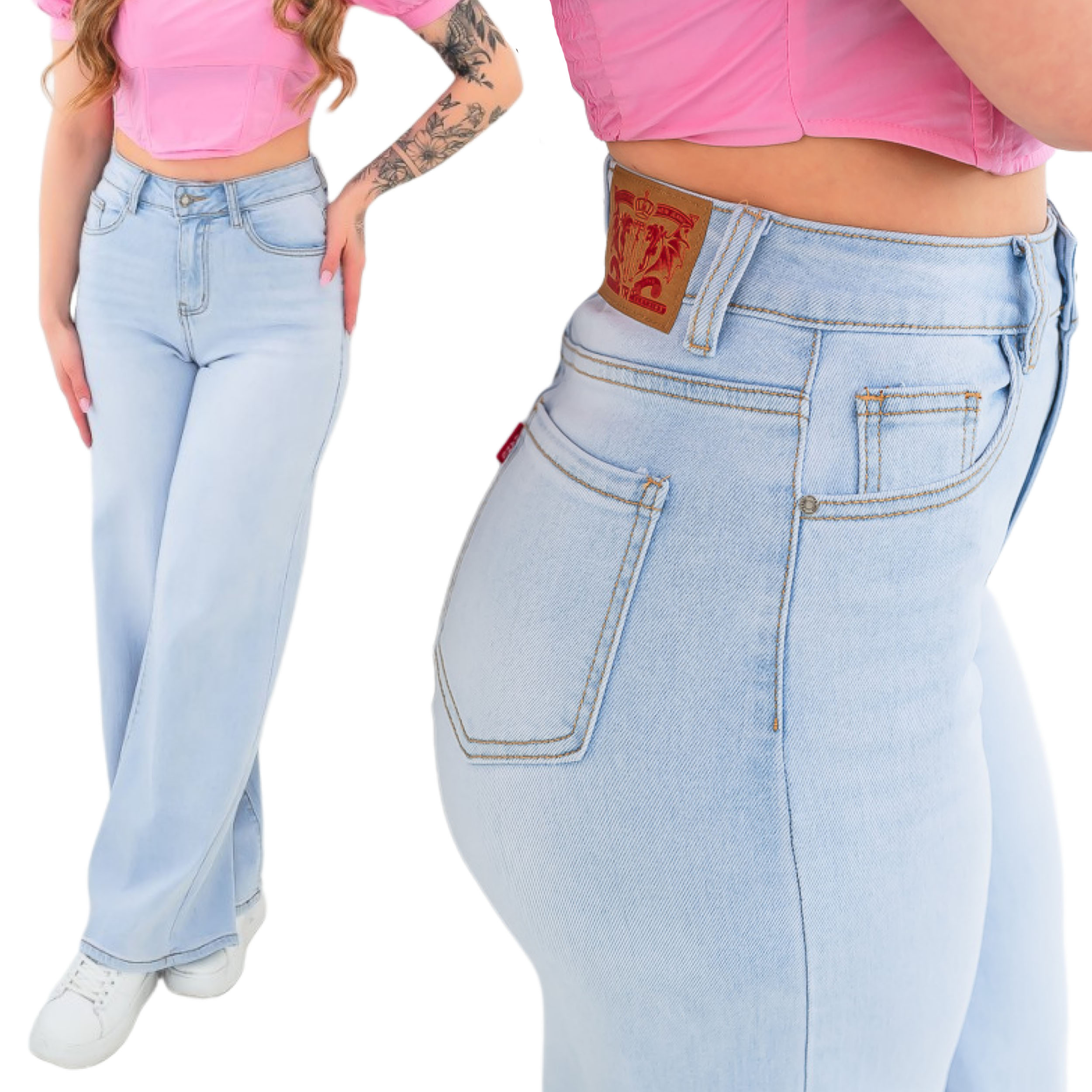 Dámské džínové kalhoty světlé wide leg široké nohavice vysoký pas L