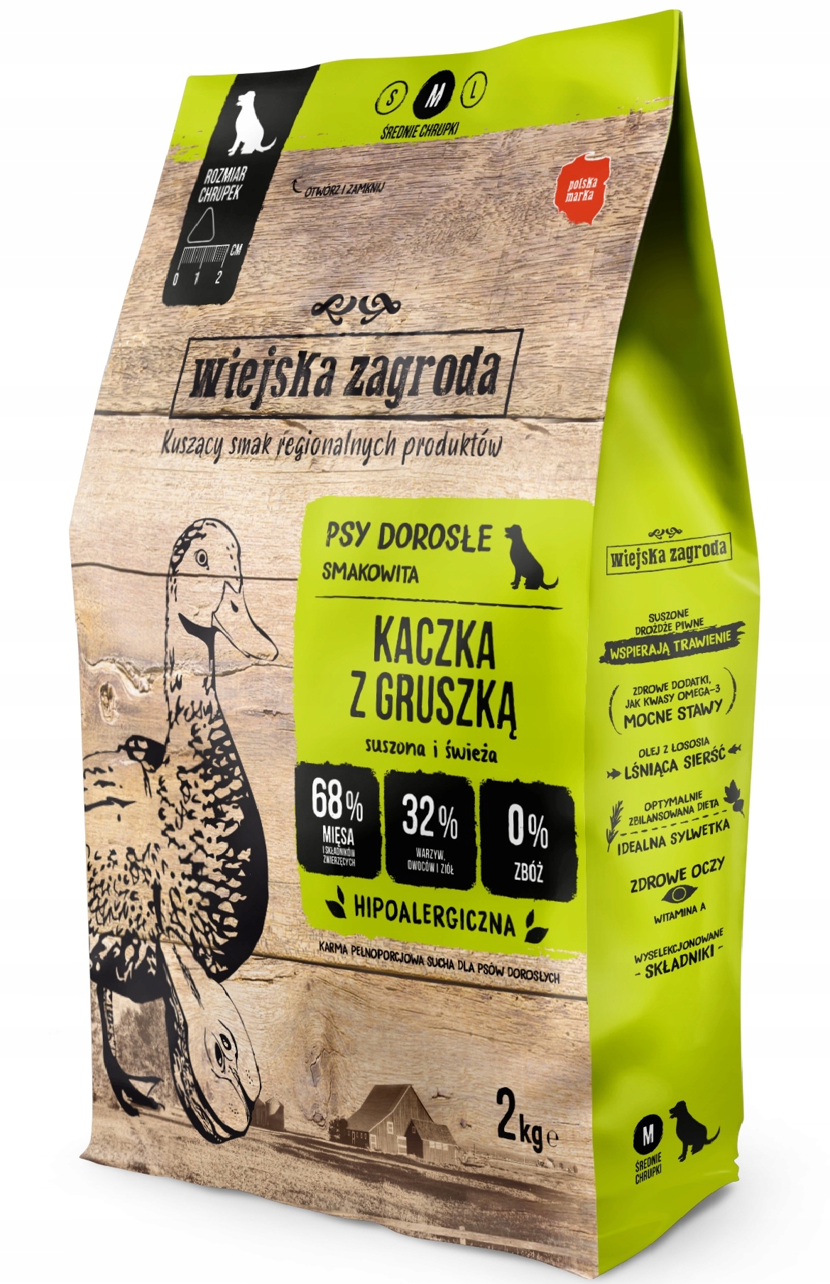 Levně Wiejska Zagroda Suché hypoalergenní krmivo Kachna s Hruškou 2 kg křupek M