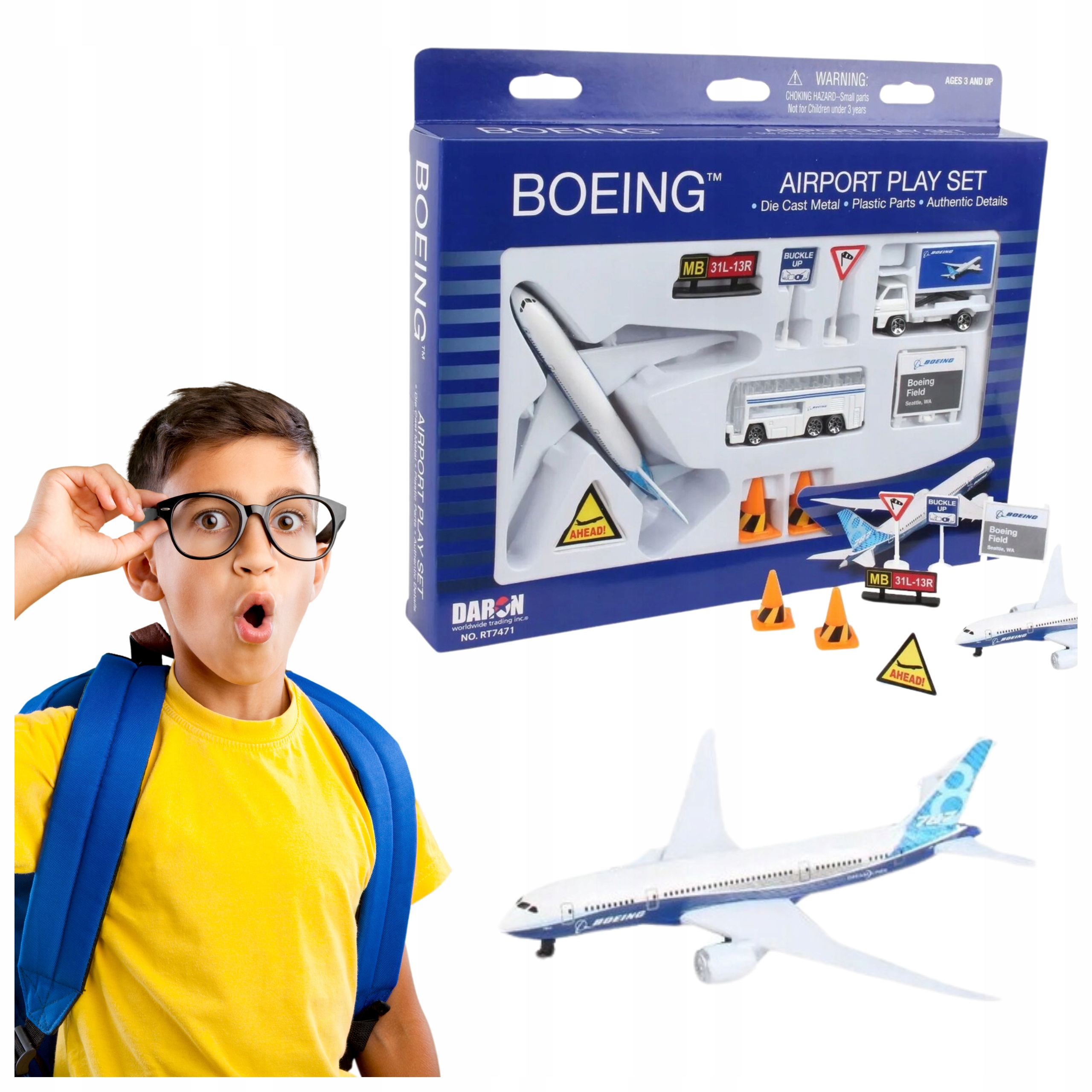 ZESTAW LOTNISKOWY DLA DZIECI ZABAWKA AUTOBUS SAMOLOT BOEING ZNAKI