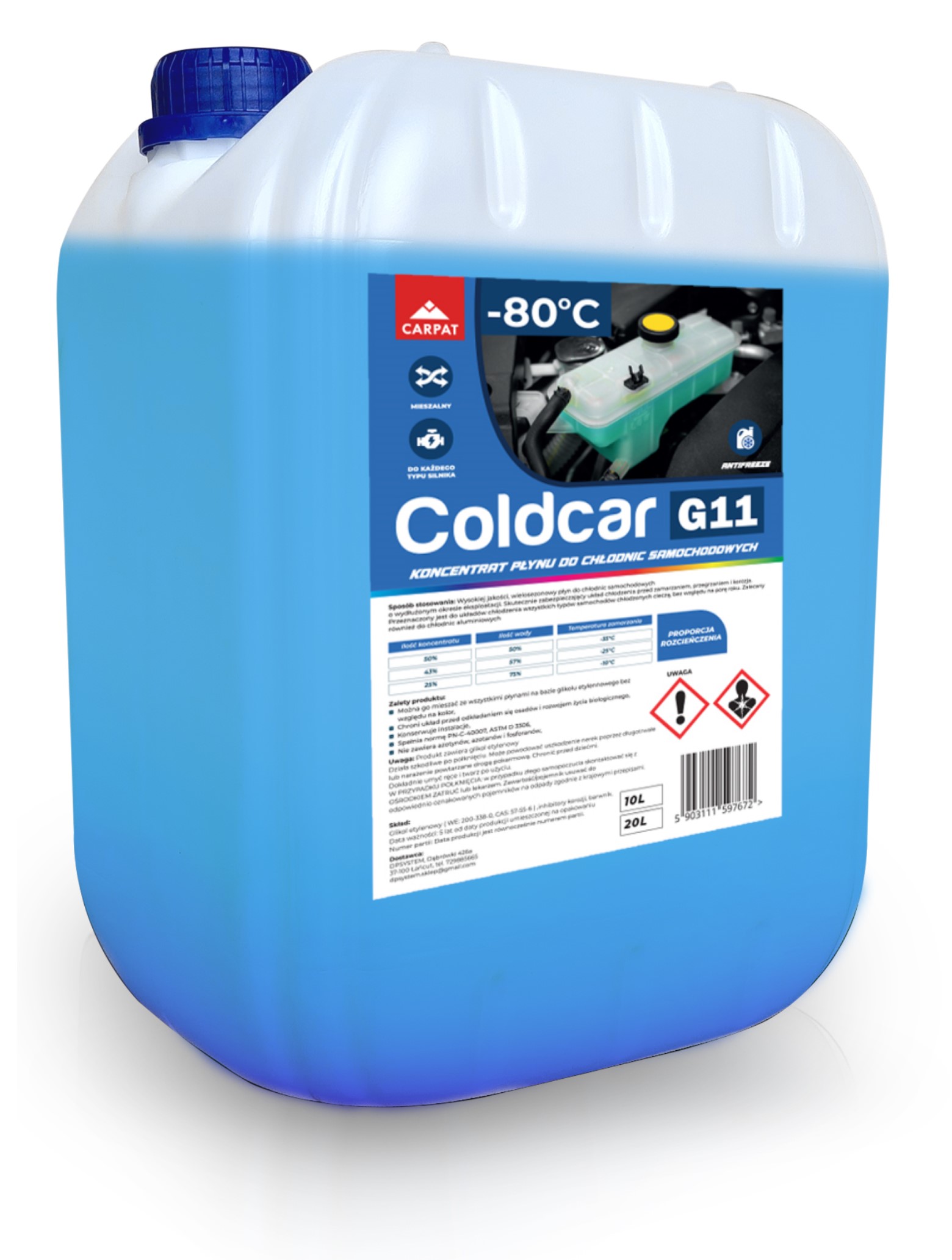 Chladicí kapalina G11 Koncentrát kapaliny pro chladiče 20L Glykol -80°C Carpat