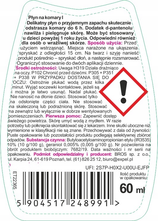 EXPEL Kids płyn na KOMARY dla Dzieci od 1-go Roku Życia 60 ml Stan opakowania oryginalne