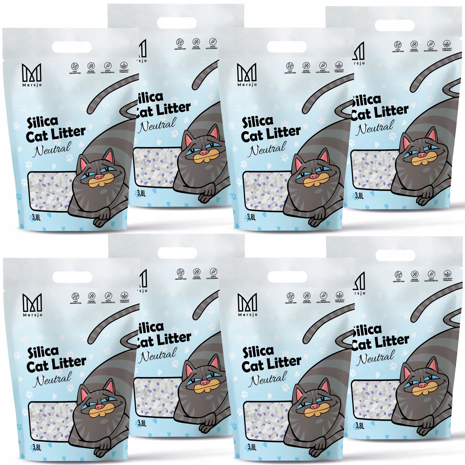 Levně 8x Silikonové Stelivo pro kočky Premium bezprašný přírodní Mersjo 3,8L