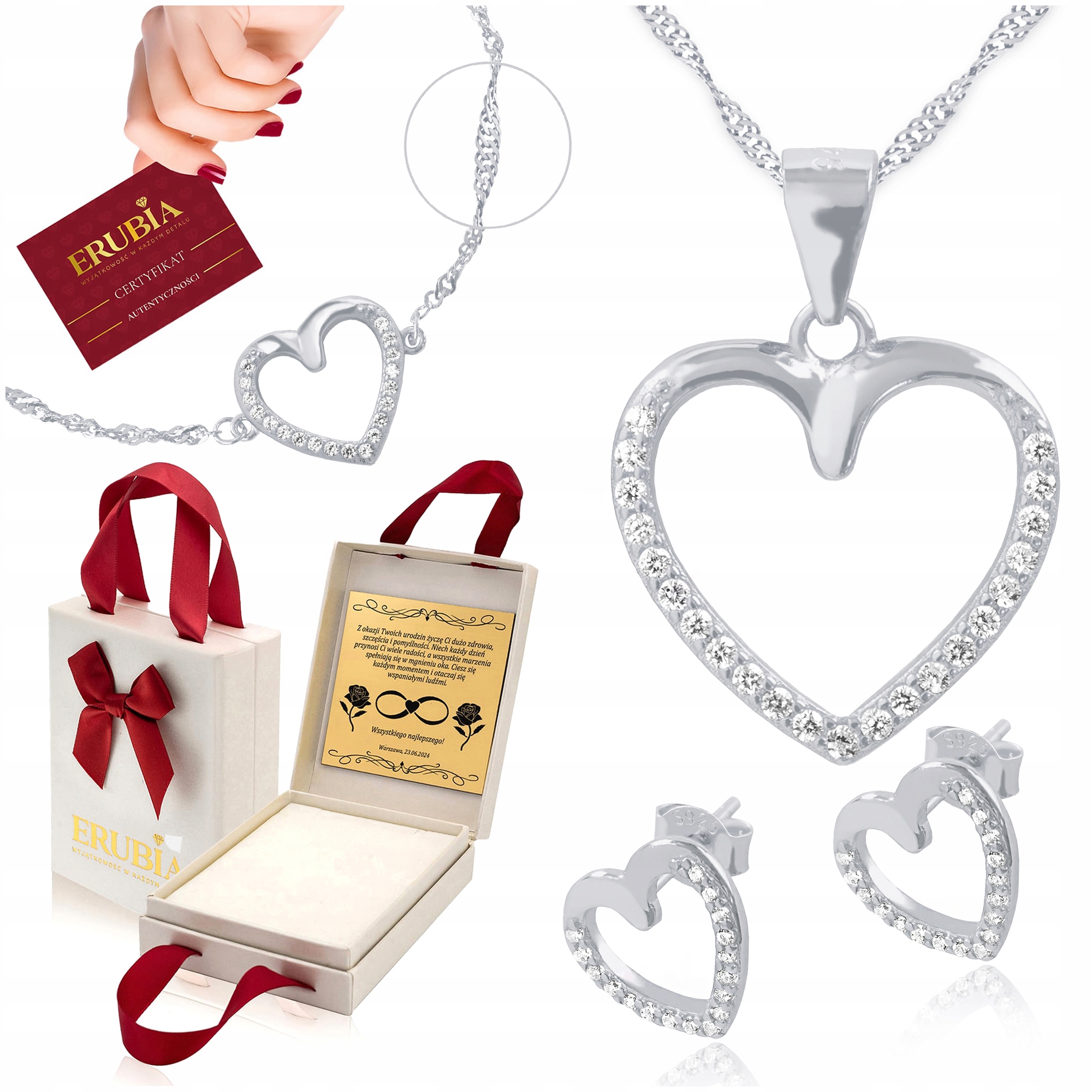 Sada Stříbrných Šperků 925 Srdce S Zirkony Celebrity 55 CM Gravírování