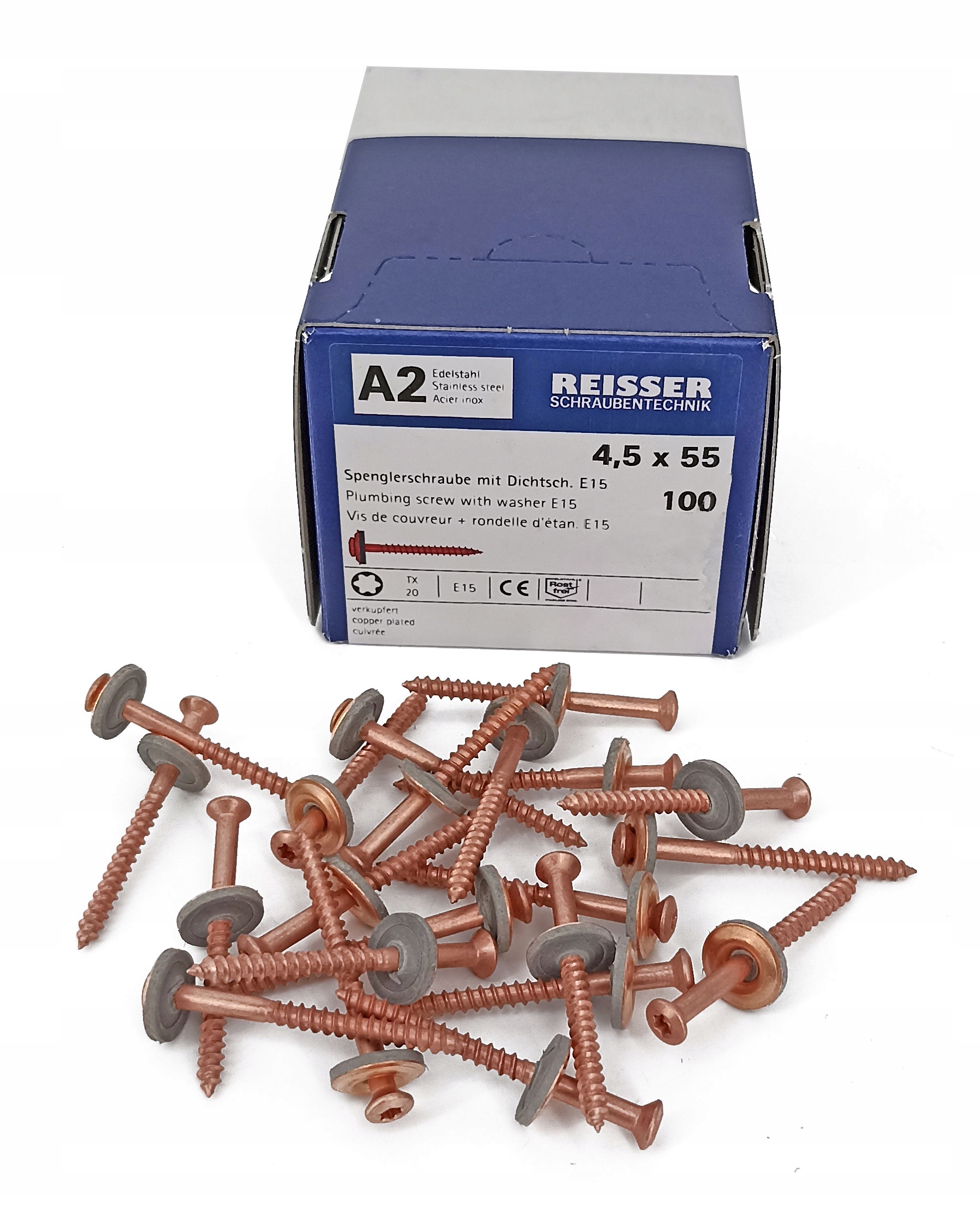 Wkręty farmerskie miedziowane z podkładką Reisser 4,5x55 stal nierdzewna A2