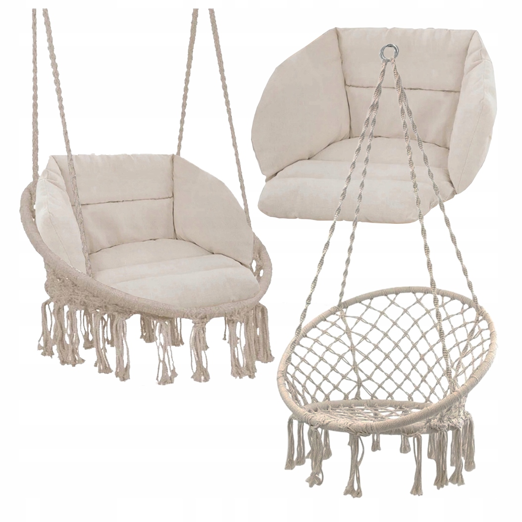 HUŚTAWKA BOCIANIE GNIAZDO Z PODUSZKĄ XXL ZESTAW OGRODOWY BEŻOWY BOHO 120CM