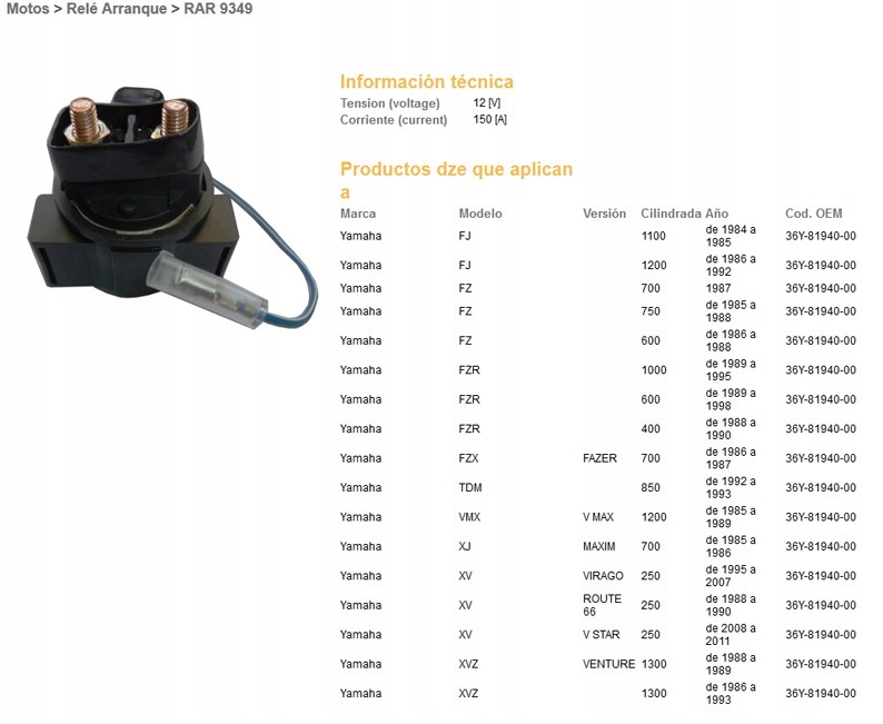 Dze Relé Štartéra Yamaha FJ1100/1200, V-MAX1200, FZR600/1000, TDM8